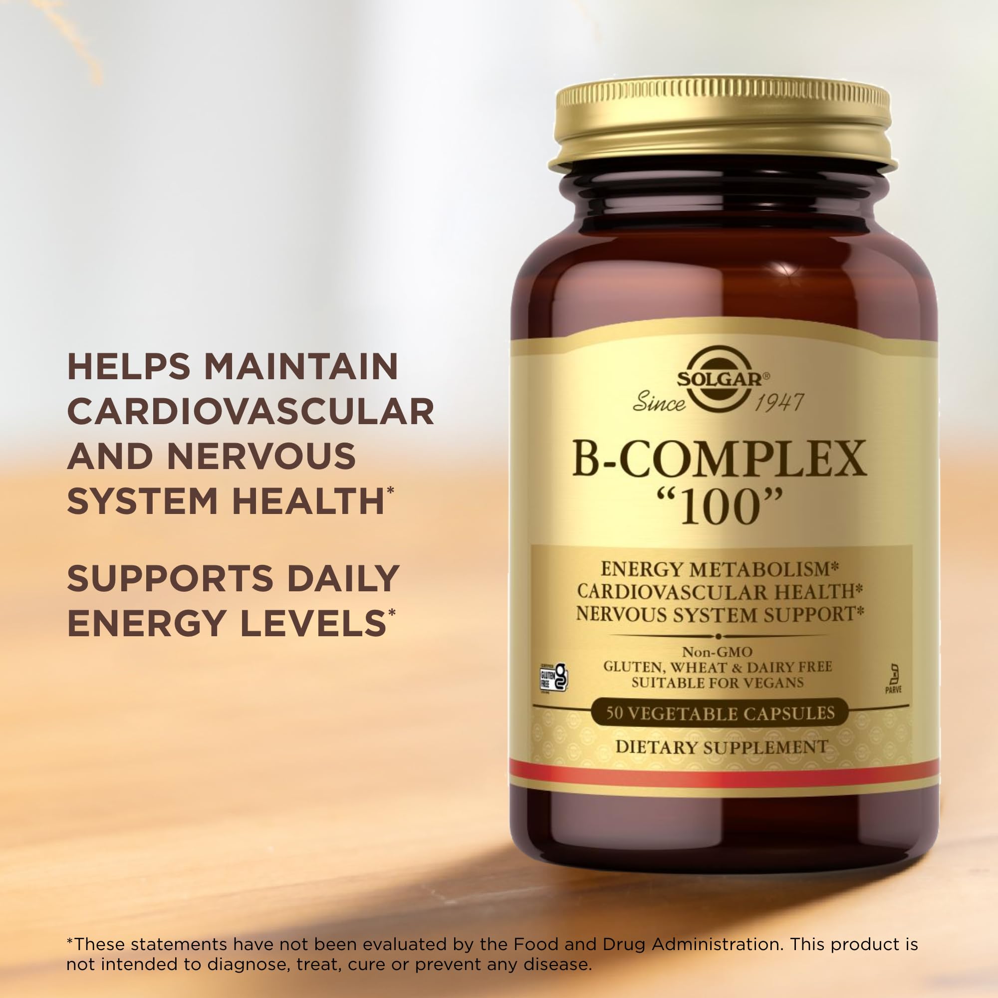 Solgar B-Complex 100, 50 Vegetable Capsules - Nervous System Support - Supports Energy Metabolism - Non-GMO, Vegan, Gluten Free, Dairy Free, Kosher - 50 Servings