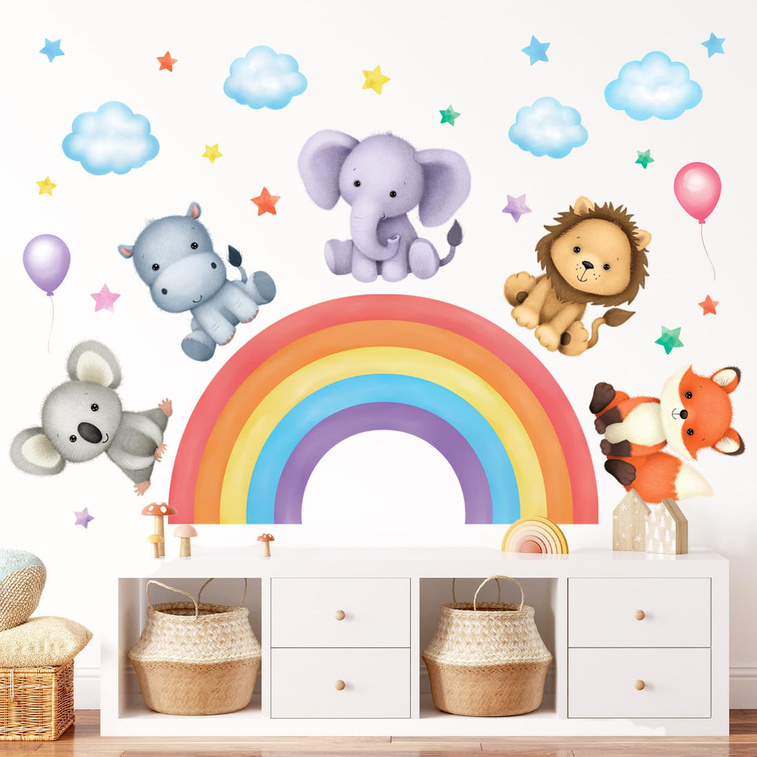 DECOWALL SG3-2318 Baby Animals on Rainbow Wall Stickers Decals Art décor Kids Living Nursery Removable Room Safari Jungle Girls Boys