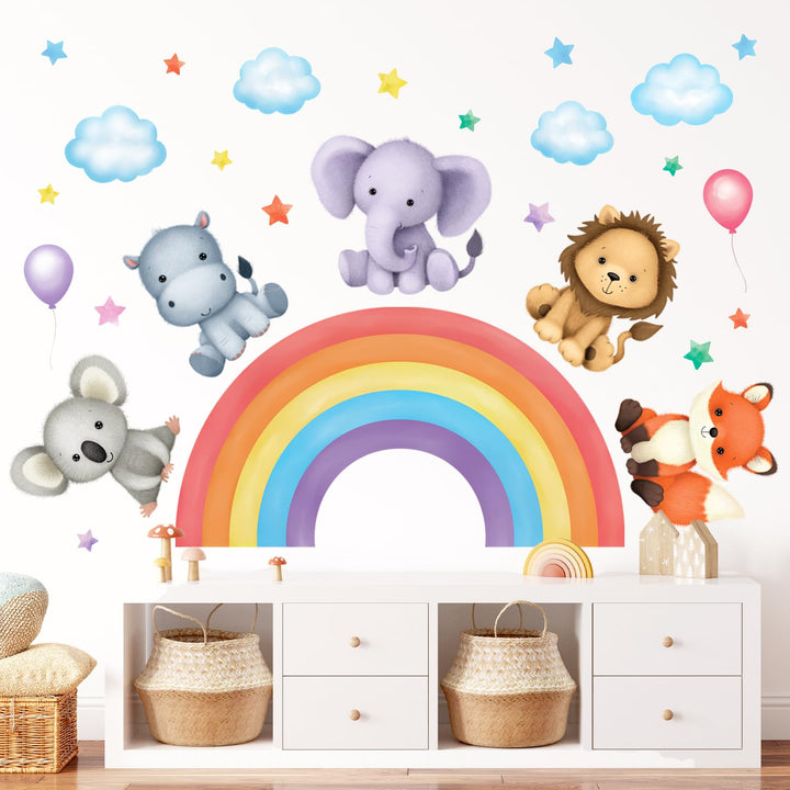 DECOWALL SG3-2318 Baby Animals on Rainbow Wall Stickers Decals Art décor Kids Living Nursery Removable Room Safari Jungle Girls Boys