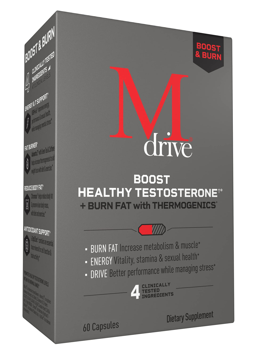 Mdrive Boost and Burn Testosterone Booster and Fat Burner for Men, Energy, Strength, Stress Relief, KSM-66 Ashwagandha, Advantra Z, Chromax, 60 Capsules