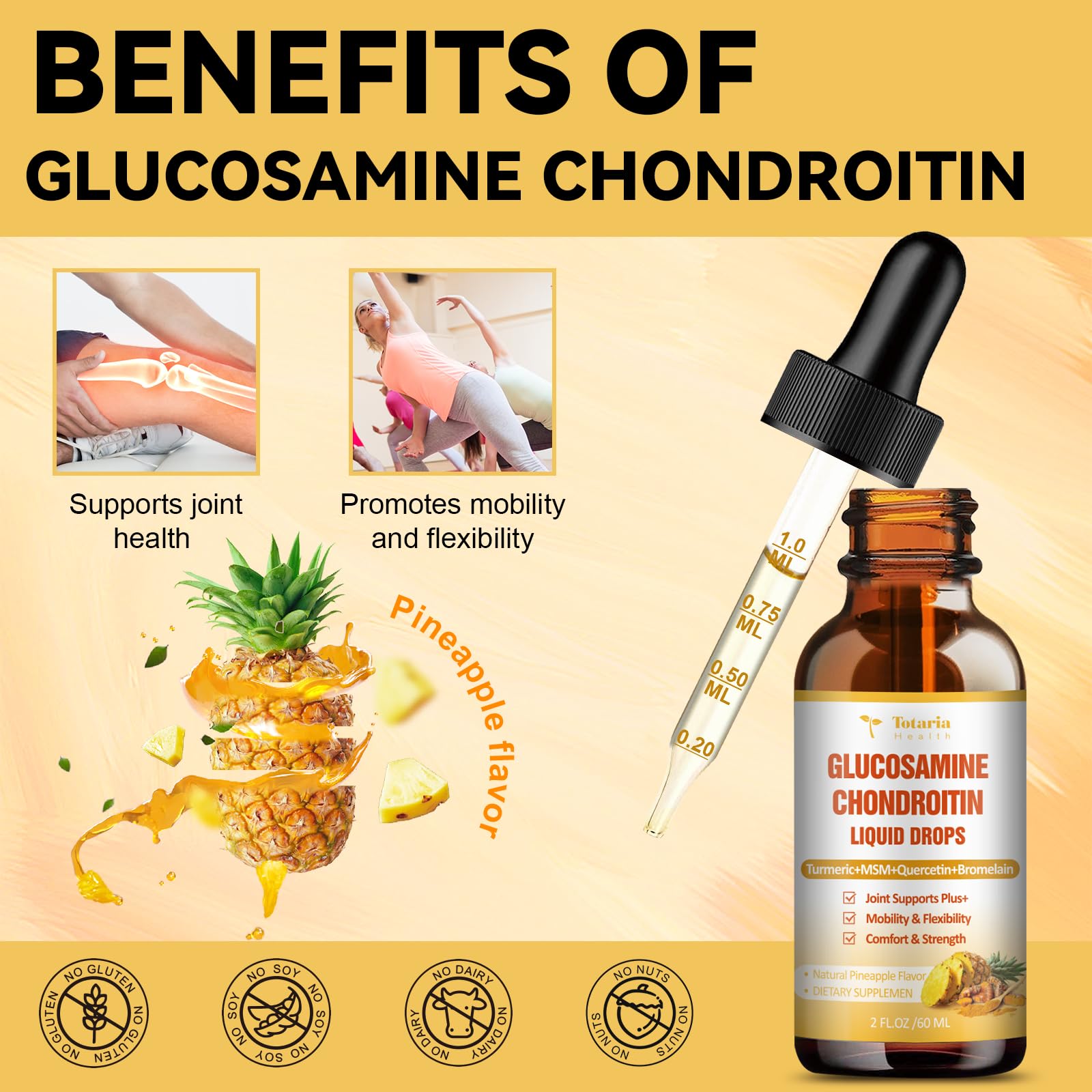 Glucosamine Chondroitin MSM Liquid Drops - FSA HSA Eligible Items List Chondroitin Sulfate Supplement Turmeric, Quercetin, Bromelain, MSM Oil Support Joint Health Vegan Supplements