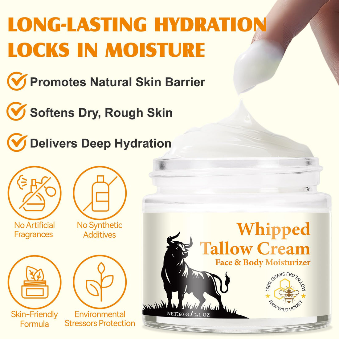 Organic Beef Tallow for Skin, Tallow And Honey Balm for Face & Body, Whipped Grass Fed Beef Tallow Face Moisturizer Deep Hydration, Soothes Dryness, Repairs Skin Barrier, Natural Body Butter