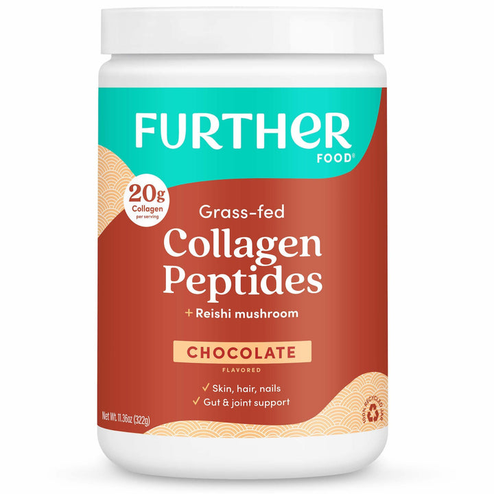 Further Food Chocolate Collagen Peptides Powder, Grass-Fed Pasture-Raised Hydrolyzed Type 1 & 3 Protein, Gut Health + Joint, Hair, Skin, Nails, Paleo Keto Sugar-Free 11.36 oz