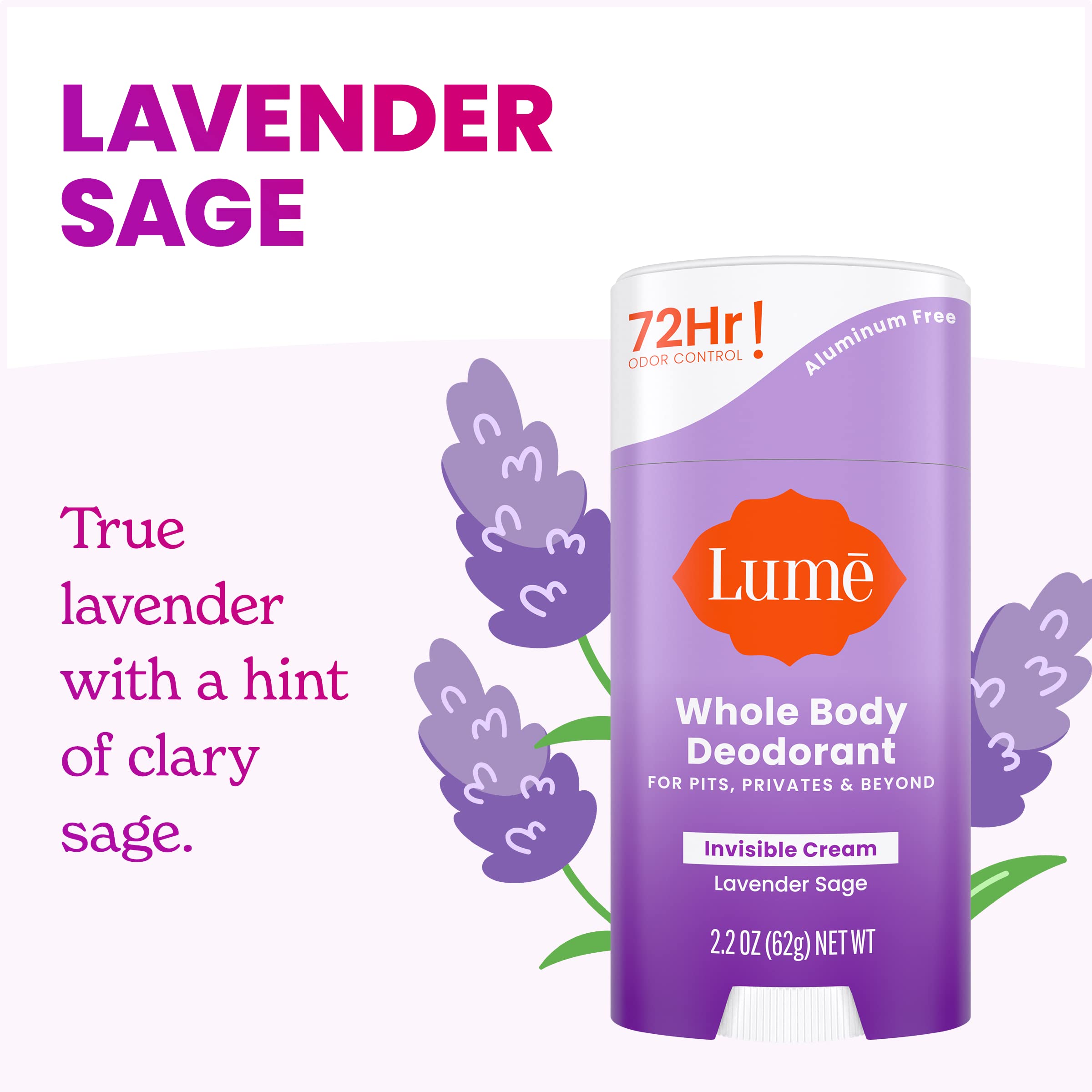 Lume Natural Deodorant - Underarms and Private Parts - Aluminum-Free, Baking Soda-Free, Hypoallergenic, and Safe For Sensitive Skin - 2.2 Ounce Stick (Lavender Sage)