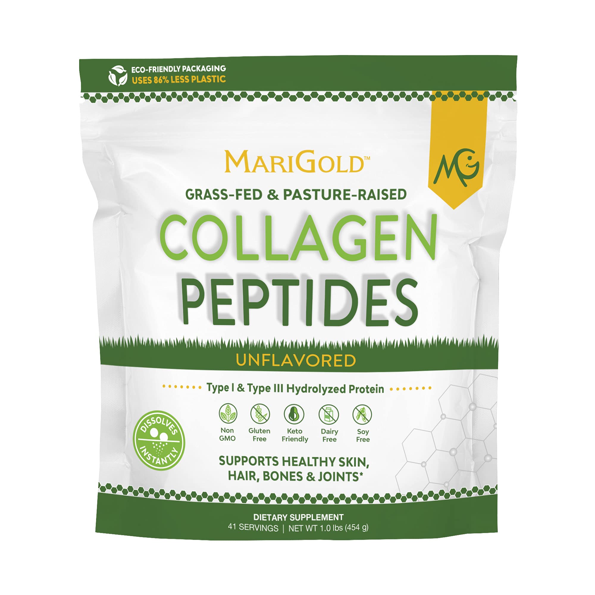 MariGold Grass-fed Collagen Peptides Powder Unflavored 1LB - 100% Pure, Type I & III Bovine Hydrolyzed Collagen, Non-GMO, Hormone-Gluten-Dairy Free, Keto-Friendly, Easy to Mix