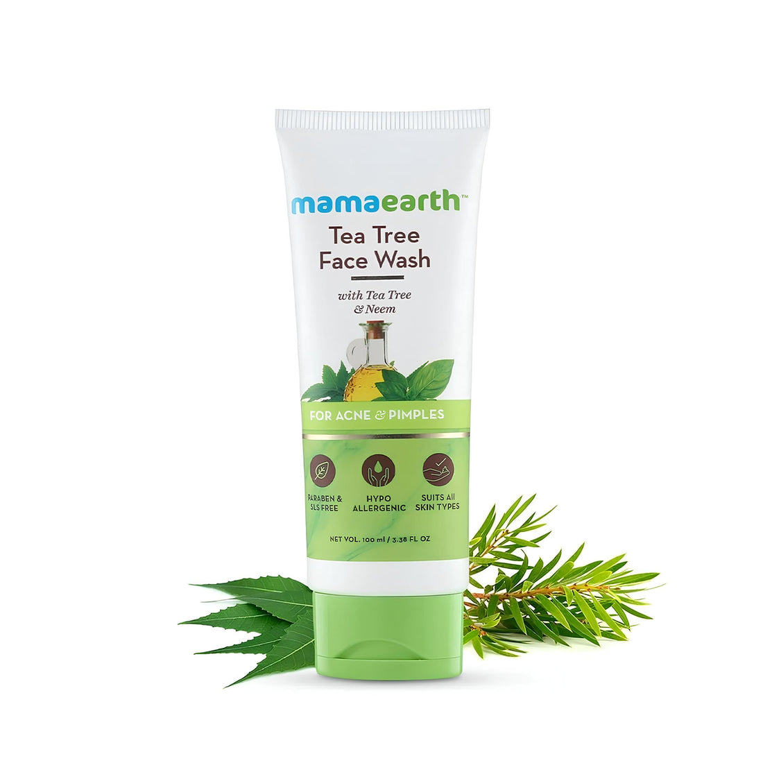 Mamaearth Tea Tree Face Wash with Neem | Helps Control Acne & Pimple & Removes Excess Oil | Non-Drying Facial Cleanser for All Skin Types | 3.38 Fl Oz (100ml)