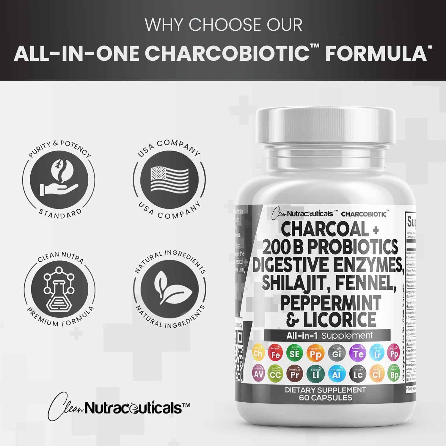 Clean Nutra Activated Charcoal Capsules Shilajit 5000mg Pills Probiotic 200 Billion + Digestive Enzymes for Digestive Health with Peppermint Fennel Licorice Papain Ginger Turmeric | Gut Health