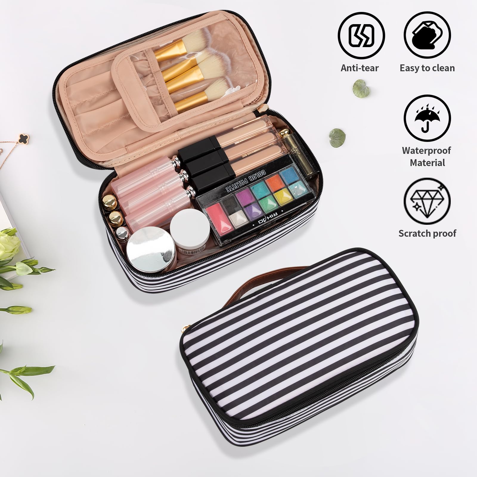 OCHEAL Small Cosmetic Bag,Portable Cute Travel Makeup Bag for Women and girls Makeup Brush Organizer cosmetics Pouch Bags-Black/White Stripes