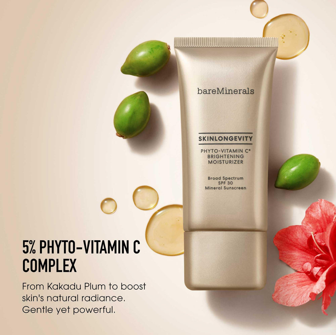 bareMinerals Skinlongevity Phyto-Vitamin C Brightening Moisturizer Mineral SPF 30, Brightening Daily Face Moisturizer + Neck Cream