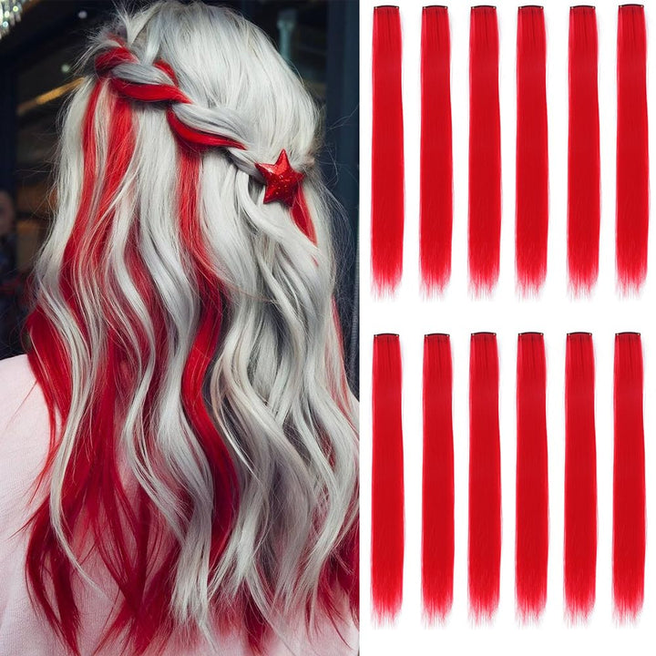 12 Pcs Red hair extensions 22 Inch Straight colored hair colorful clip in extensions Highlight Party for Kids Girls and Women Gift(Red,21)