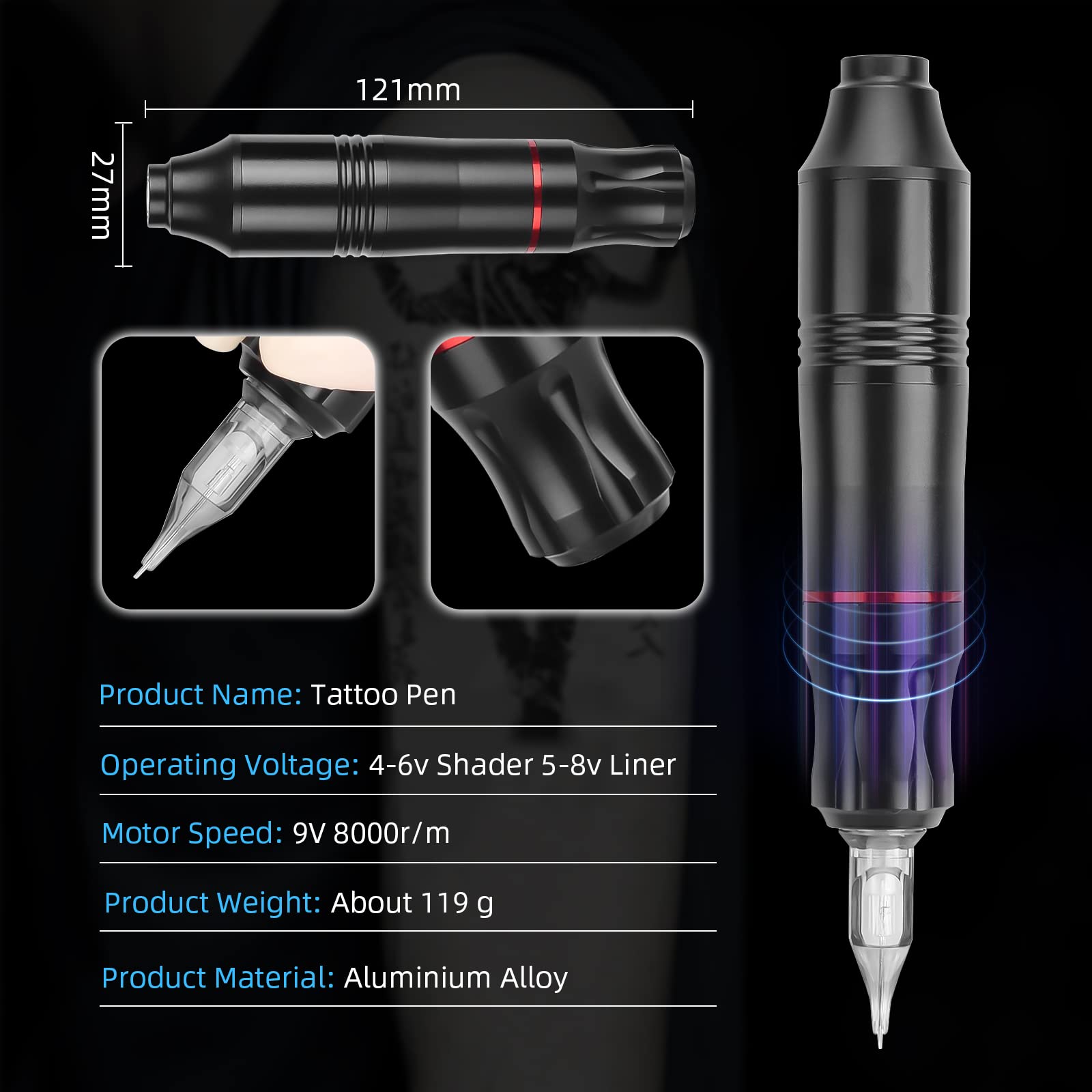 Rotary Tattoo Machine, ATOMUS Tattoo Pen Style Cartridge Machine Gun Liner Shader with DC Cord 9000r/m Motor Zinc Alloy Tattoo Machine Kit for Body Art Tattoo (Champagne)