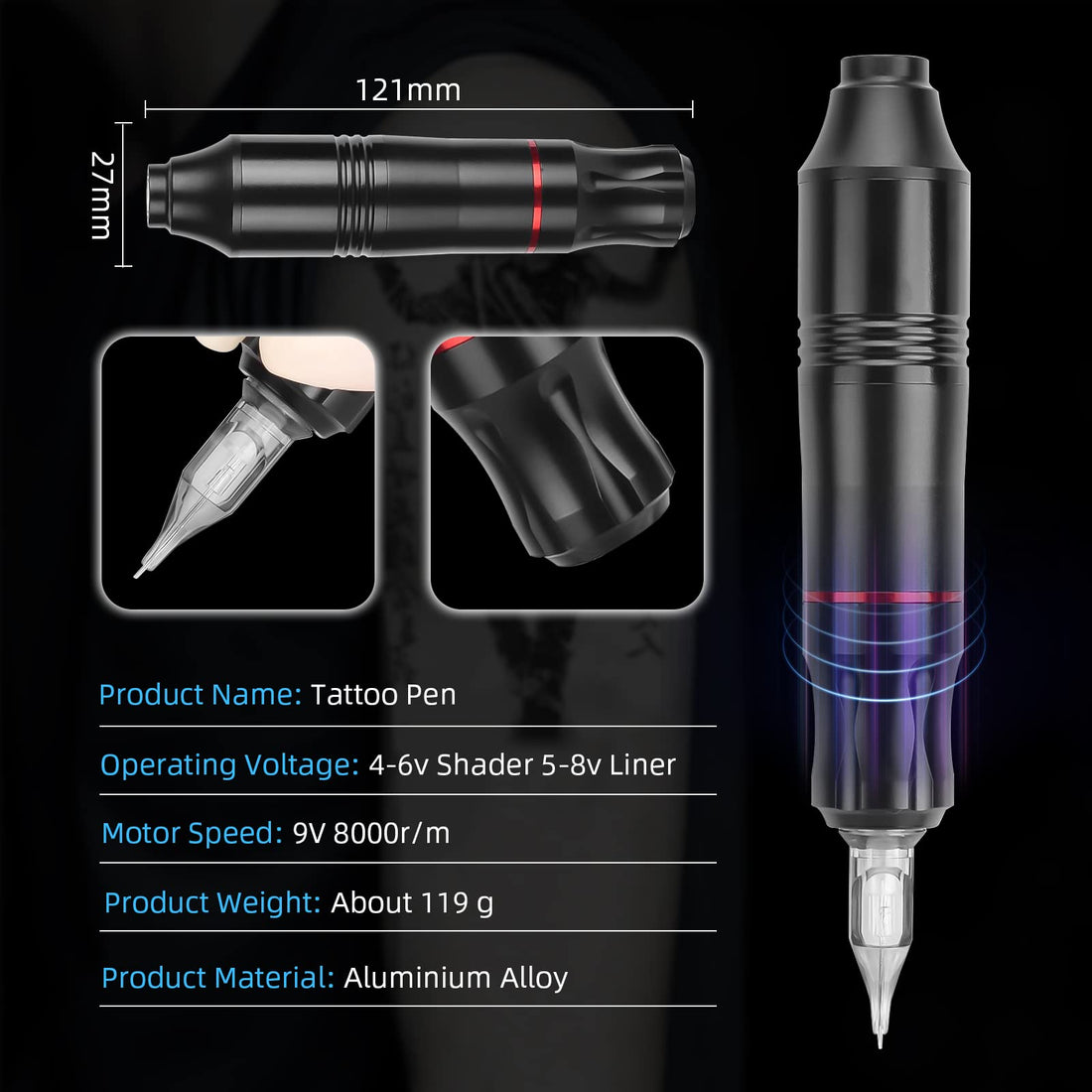 Rotary Tattoo Machine, ATOMUS Tattoo Pen Style Cartridge Machine Gun Liner Shader with DC Cord 9000r/m Motor Zinc Alloy Tattoo Machine Kit for Body Art Tattoo (Champagne)