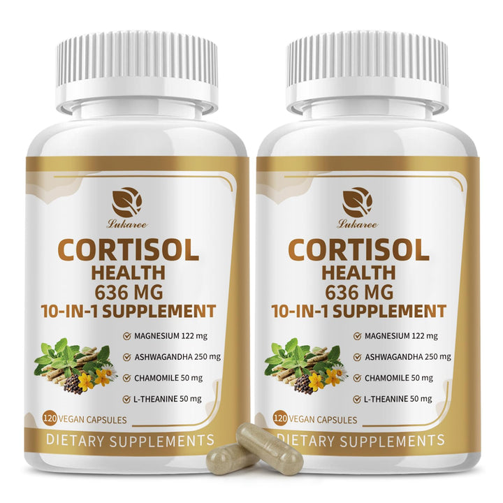 10-in-1 Cortisol Supplements with Magnesium, Ashwagandha, Chamomile, L-Theanine, Phosphatidylserine, St. John's Wort, Rhodiola, Vitamin C & D3, for Women Men, 240 Vegan Capsules for 4 Month, Non-GMO