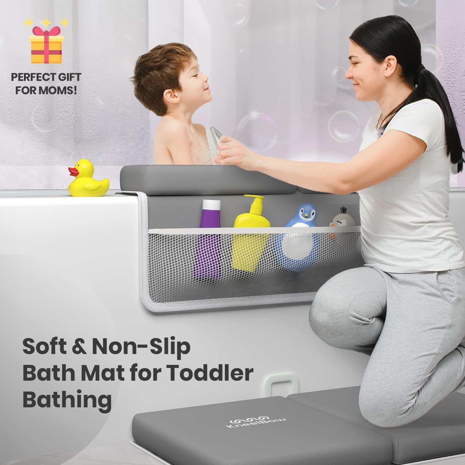 Baby Bath Kneeler and Elbow Rest Pad 2 Pieces Set with 3 Spacious Pocket to Organize Baby Acessories, 1.5 Thick Non-Slip, Soft, Fast-Drying Foldable Toddler Bath (Grey)