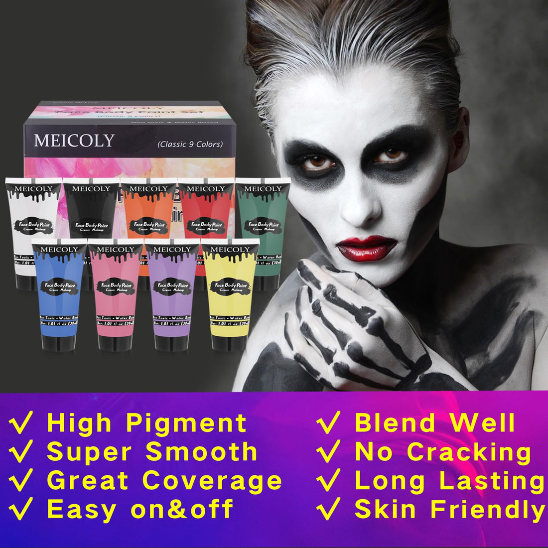 MEICOLY 9 Colors Face Body Paint Set,1.01x9oz/Box,Water Based Washable Face Paint for Adult Kid,Elphaba Green Face Paint,Safe Body Paint for Skin,Red White Blue Face Painting Kit for Halloween Makeup