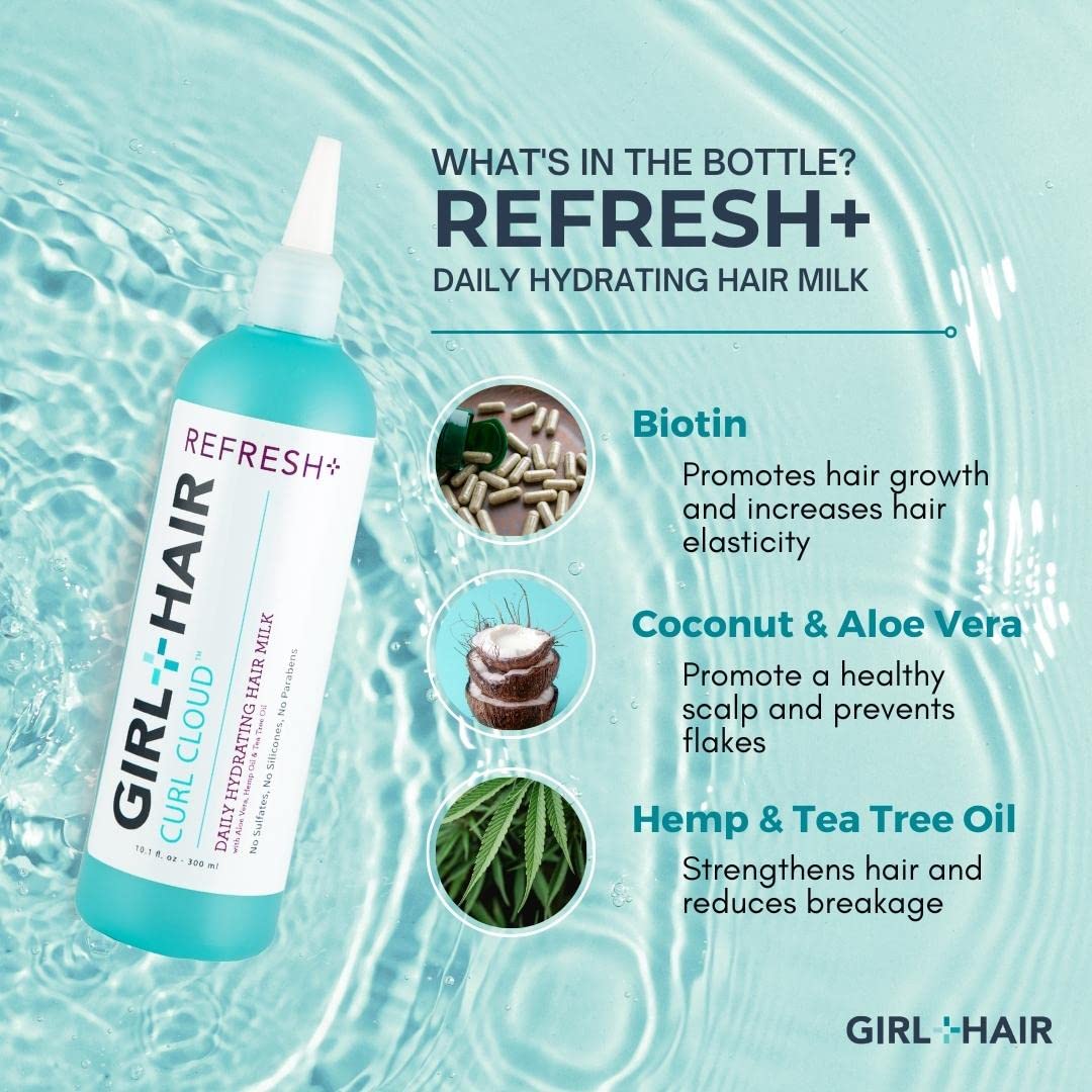 Girl+Hair Natural Hair Products, Refresh Plus Aloe Vera Biotin Hydrating Hair Milk, Promote Growth with Tea Tree and Aloe Vera