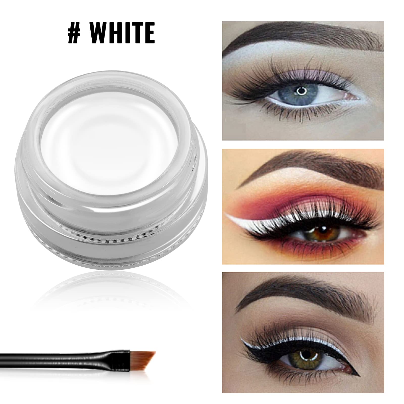 Erinde White Gel Eyeliner - Waterproof, Long Lasting Cream Eyeliner Gel Pot with High-Intensity Pigments, Smudge-Proof, Water-Resistant and 2PCS Brushes (04# White)
