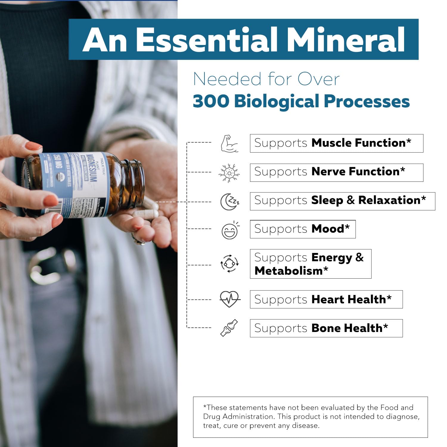 Organic Magnesium | Whole Food Magnesium - Plant-Based, Organic Sea Vegetable Complex - 250 mg Magnesium Per Serving | Water Extracted | Gentle on Stomach | Energy, Sleep, Muscle, Heart - 60 Capsules