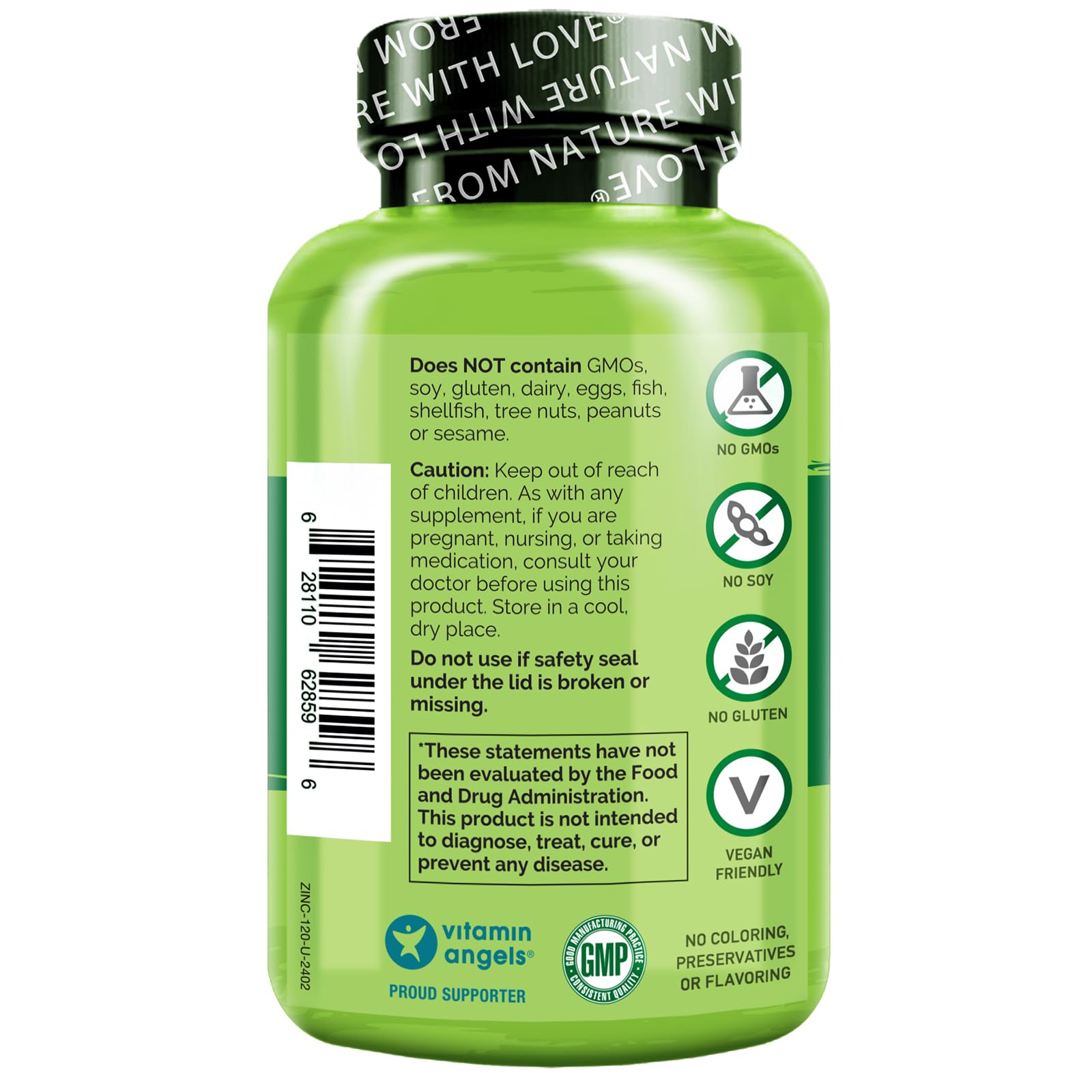 NATURELO Vegan Zinc Whole Food Complex Supplement with Vitamin C for Immune Support and Healthy Skin, Hair, and Nails - 120 Capsules