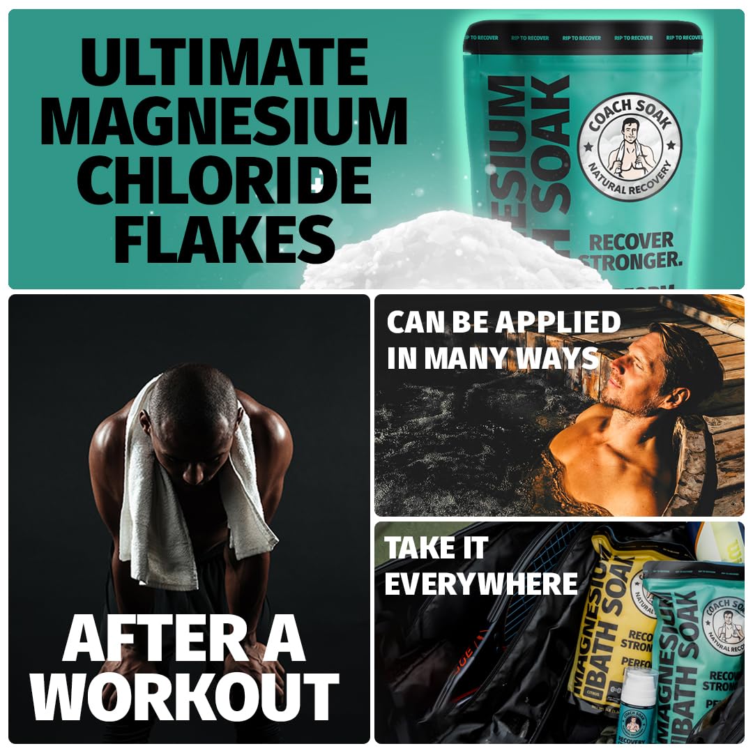 Coach Soak: Recovery Bath Soak - Absorbs Faster Than Epsom Salt Bath Soak for Pain – Rejuvenating Post Workout Magnesium Flakes -21 Minerals, Essential Oils & Bath Salts (Cooling Peppermint)