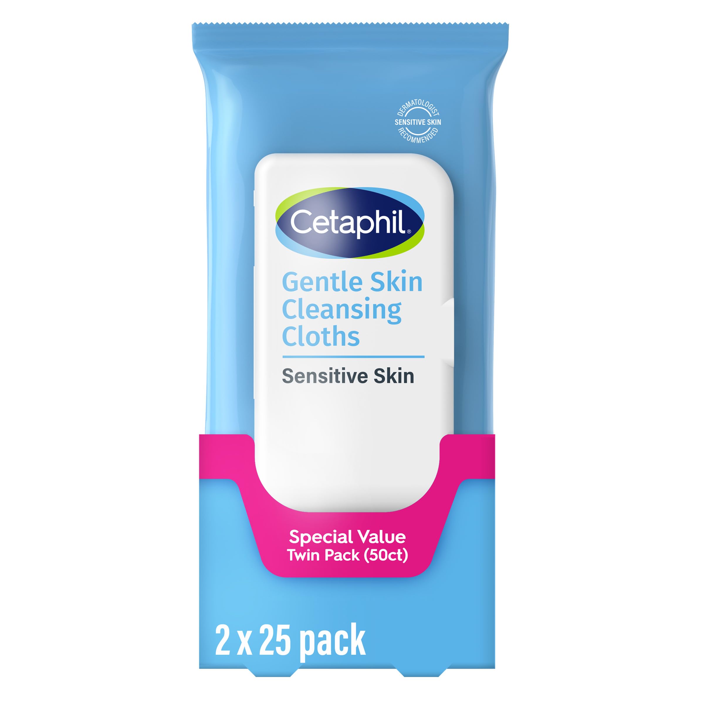 Cetaphil Face and Body Wipes, Gentle Skin Cleansing Cloths, 50 Count, Twin Pack, for Dry, Sensitive Skin, Flip Top Closure, Great for the Gym, Travel, in the Car, Hypoallergenic, Fragrance Free