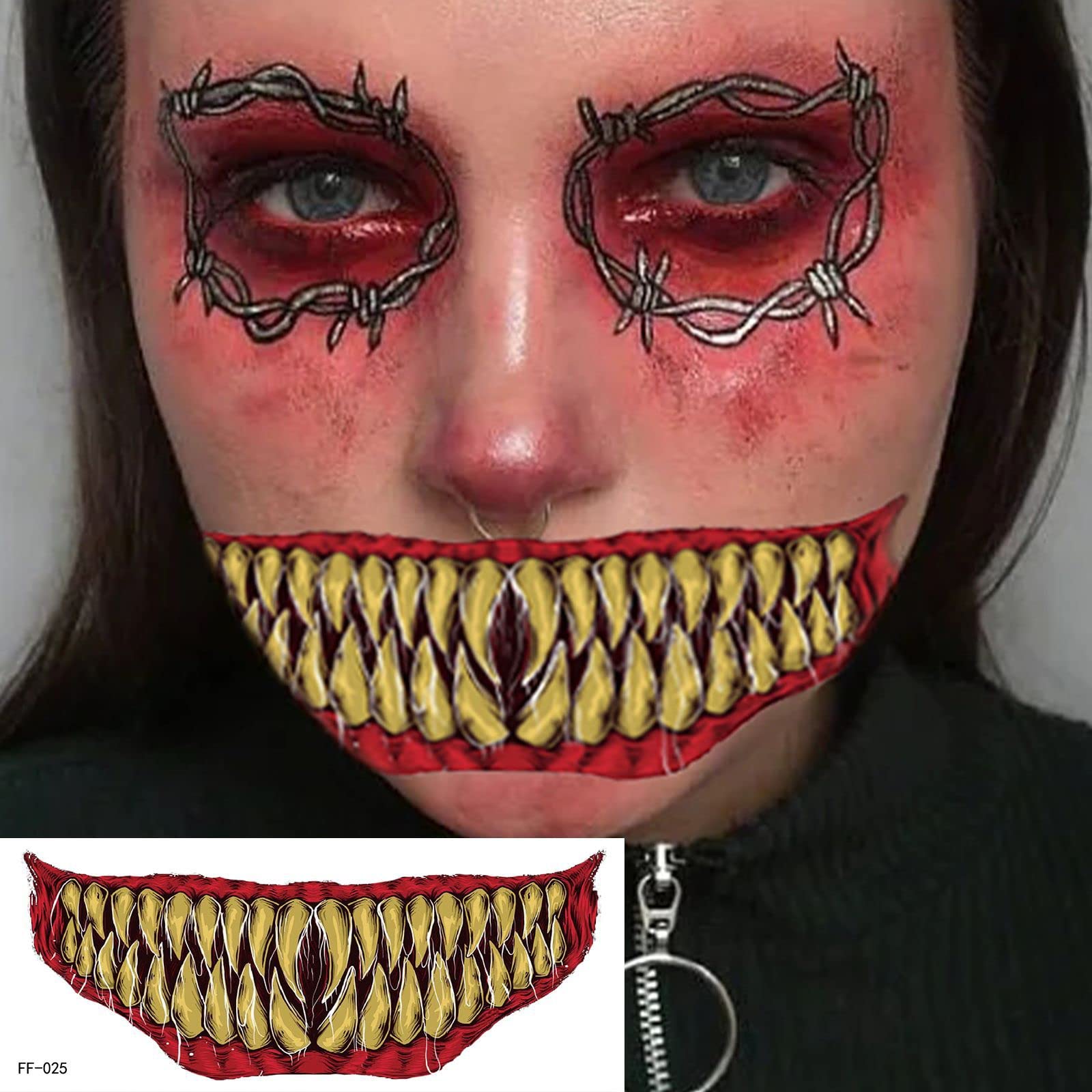 Halloween Temporary Horror Scary Mouth Tattoo Stickers Props Makeup Costume Accessories Face Kit Men or Women Adults Cosplay Party Masquerade