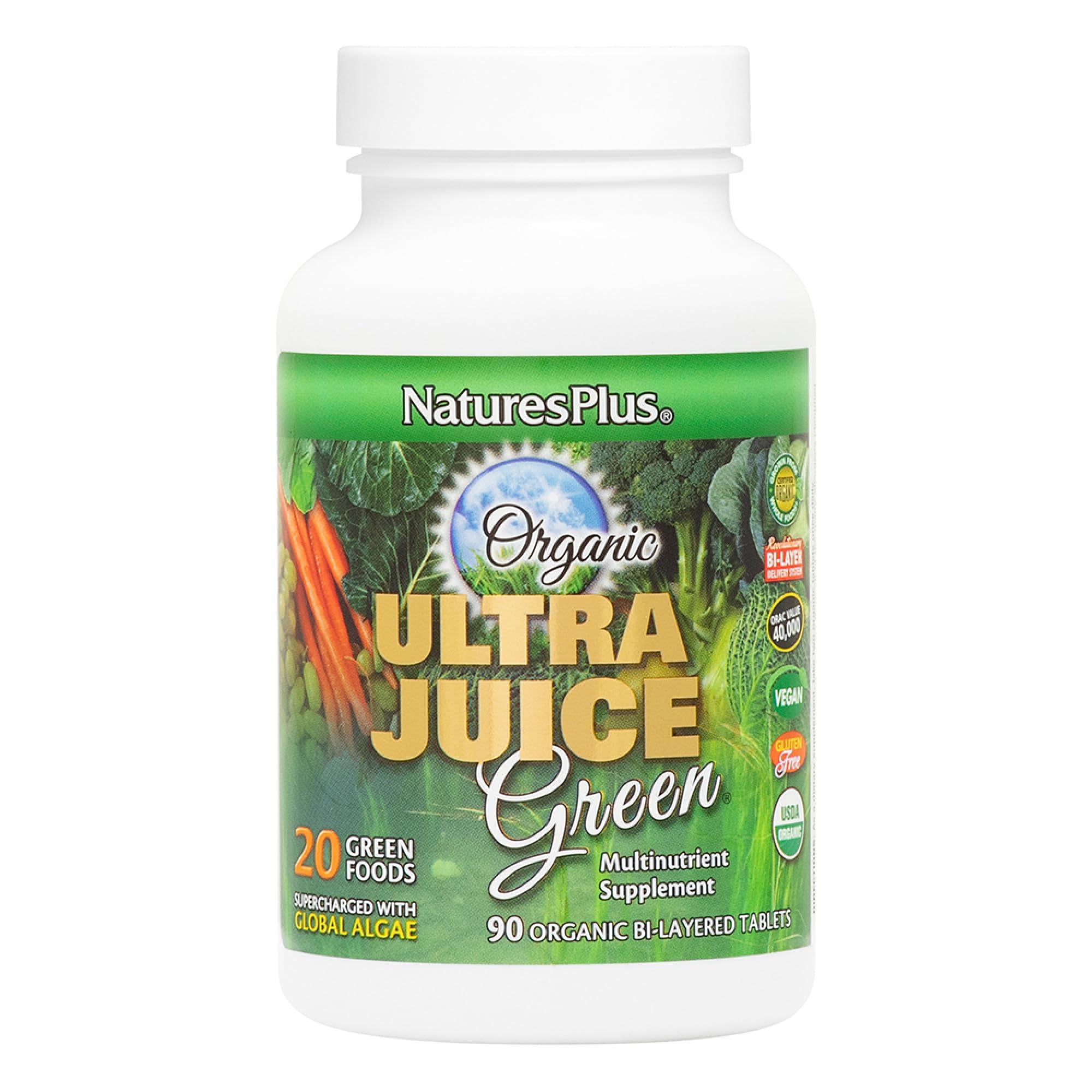 Natures Plus Ultra Juice Green Multivitamin - 90 Vegetarian Tablets, Bilayered - Multinutrients - Whole Green Foods & Global Algae - Non-GMO, Organic, Gluten-Free - 45 Servings