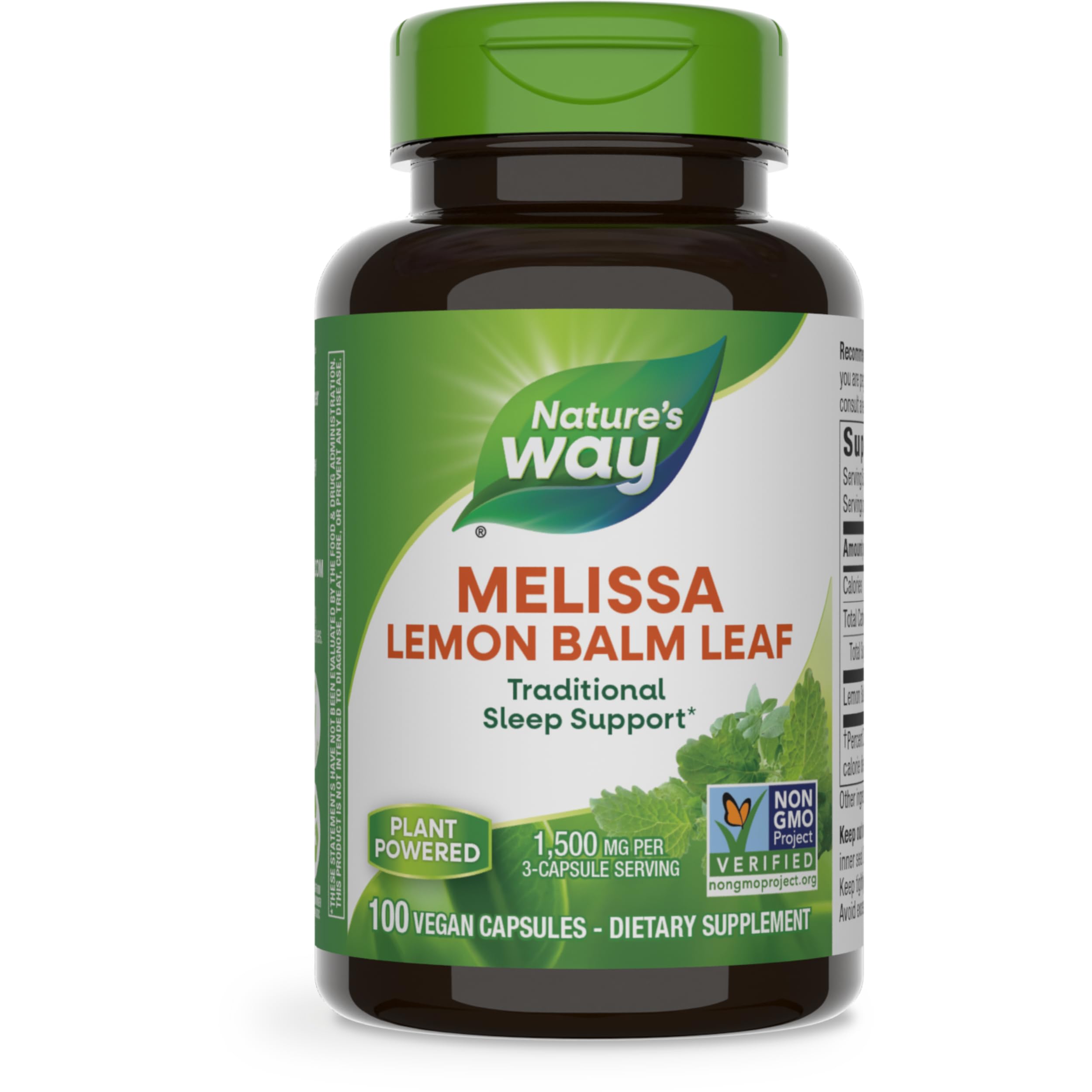 Nature's Way Melissa Lemon Balm Leaf, Traditional Sleep Support*, 1,500 mg per 3-Capsule Serving, Non-GMO Project Verified, 100 Vegan Capsules (Packaging May Vary)