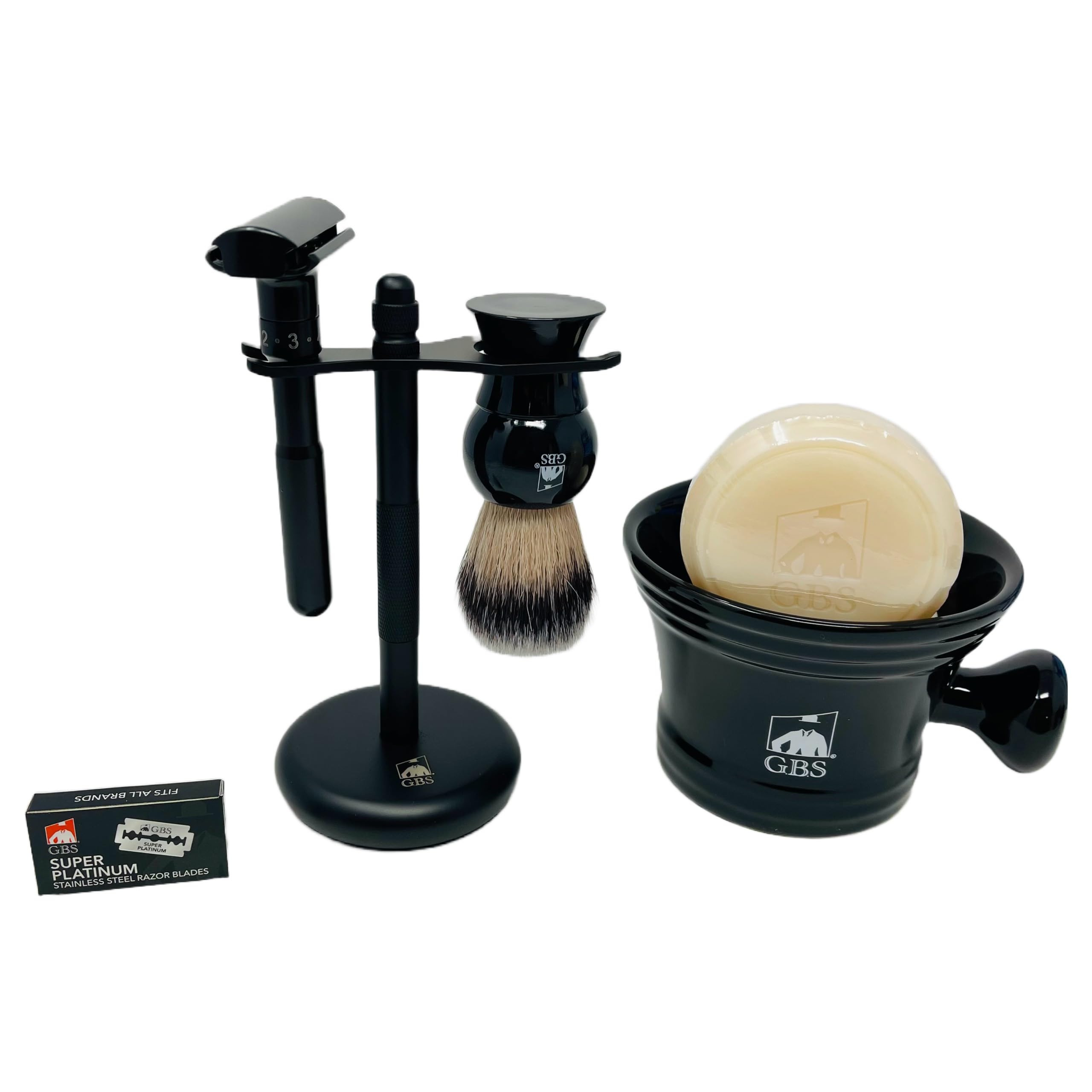G.B.S Gbs Men'S Grooming Set - Black Matte Double Edge Razor W/Travel Case + Safety Blades, Pure Bristle S