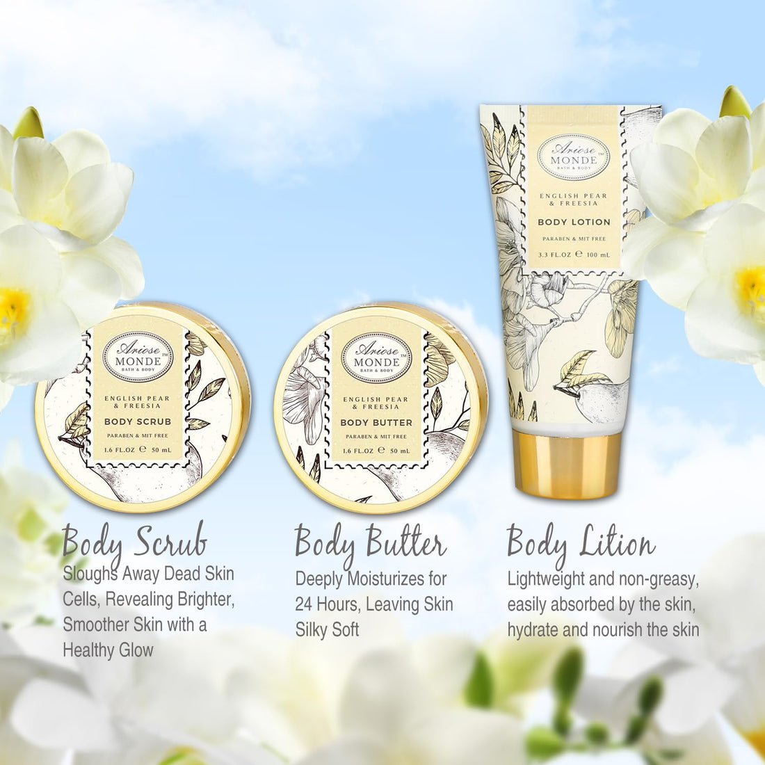 Bath & Shower Spa Gift Basket Set, with English Pear & Freesia Fragrance Bath Gift Basket for Women & Men Includes Body Lotion, Shower Gel, Bath Salts, Bubble Bath, Body Scrub and More, 8 Pcs