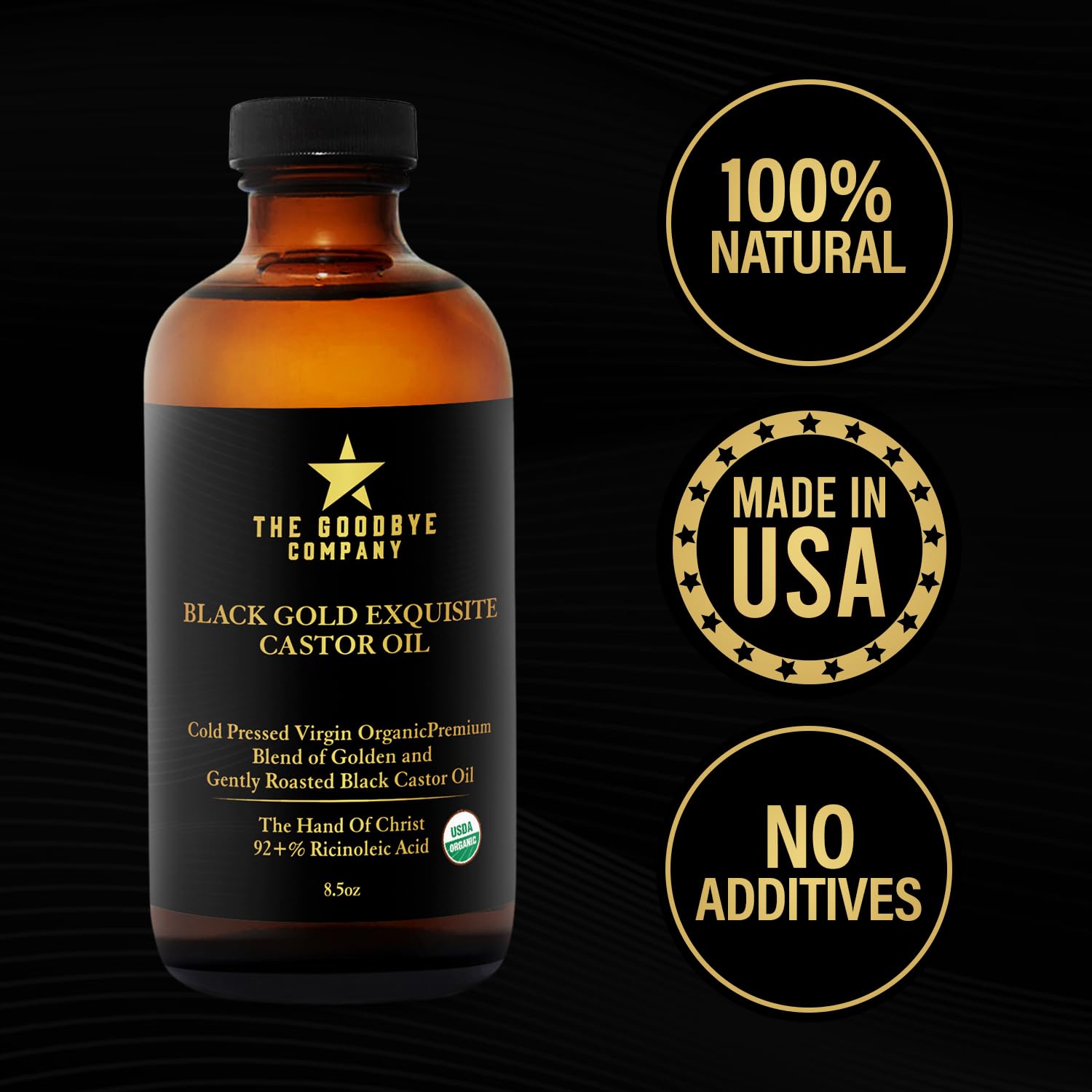 The Goodbye Company Black & Gold Castor Oil Blend – USDA Organic, Cold-Pressed & Unrefined – Pure Hexane-Free Oil for Hair, Skin, Body, Eyelashes & Eyebrows