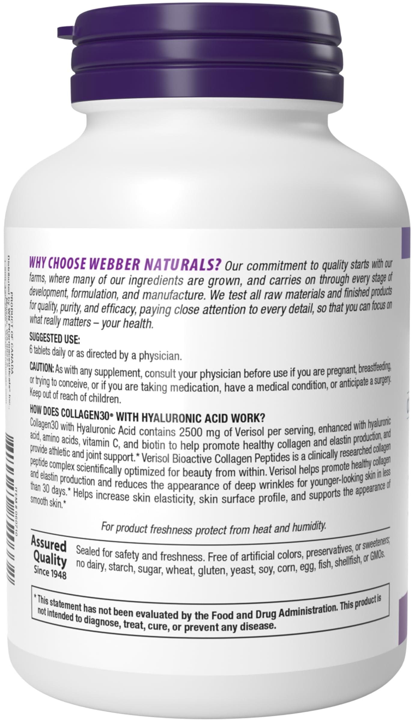 Webber Naturals Collagen30 with Hyaluronic Acid, Bioactive Collagen Peptides, 180 Tablets, Helps Reduce Eye Wrinkles and Fine Facial Line, Non GMO