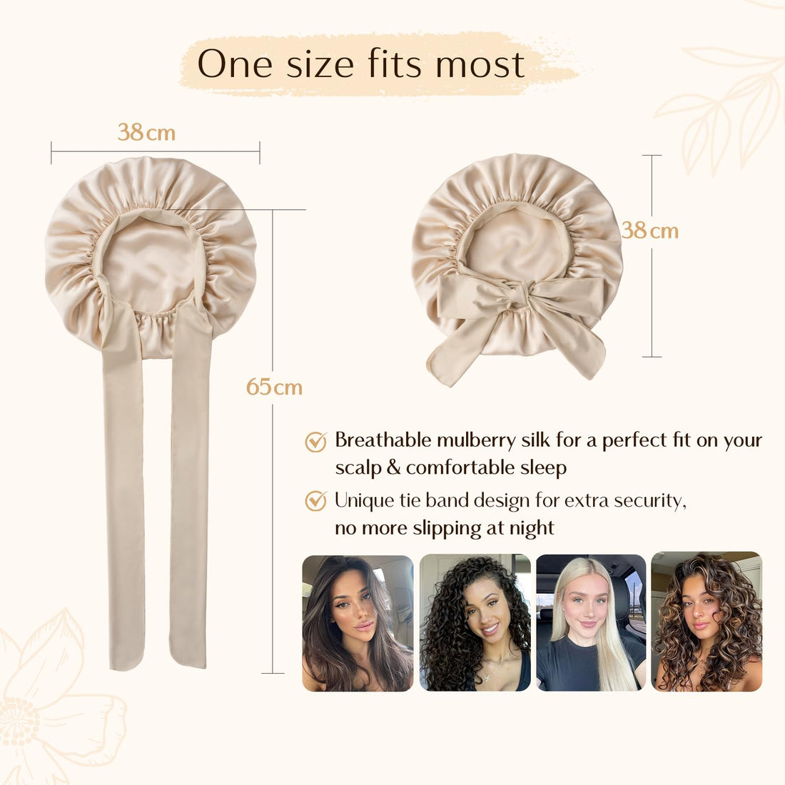 Yanibest 22 Momme 100% Mulberry Silk Bonnet for Sleeping Women Double Layer Sleep Bonnet with Tie for Long Curly Hair,Silk Sleep Cap