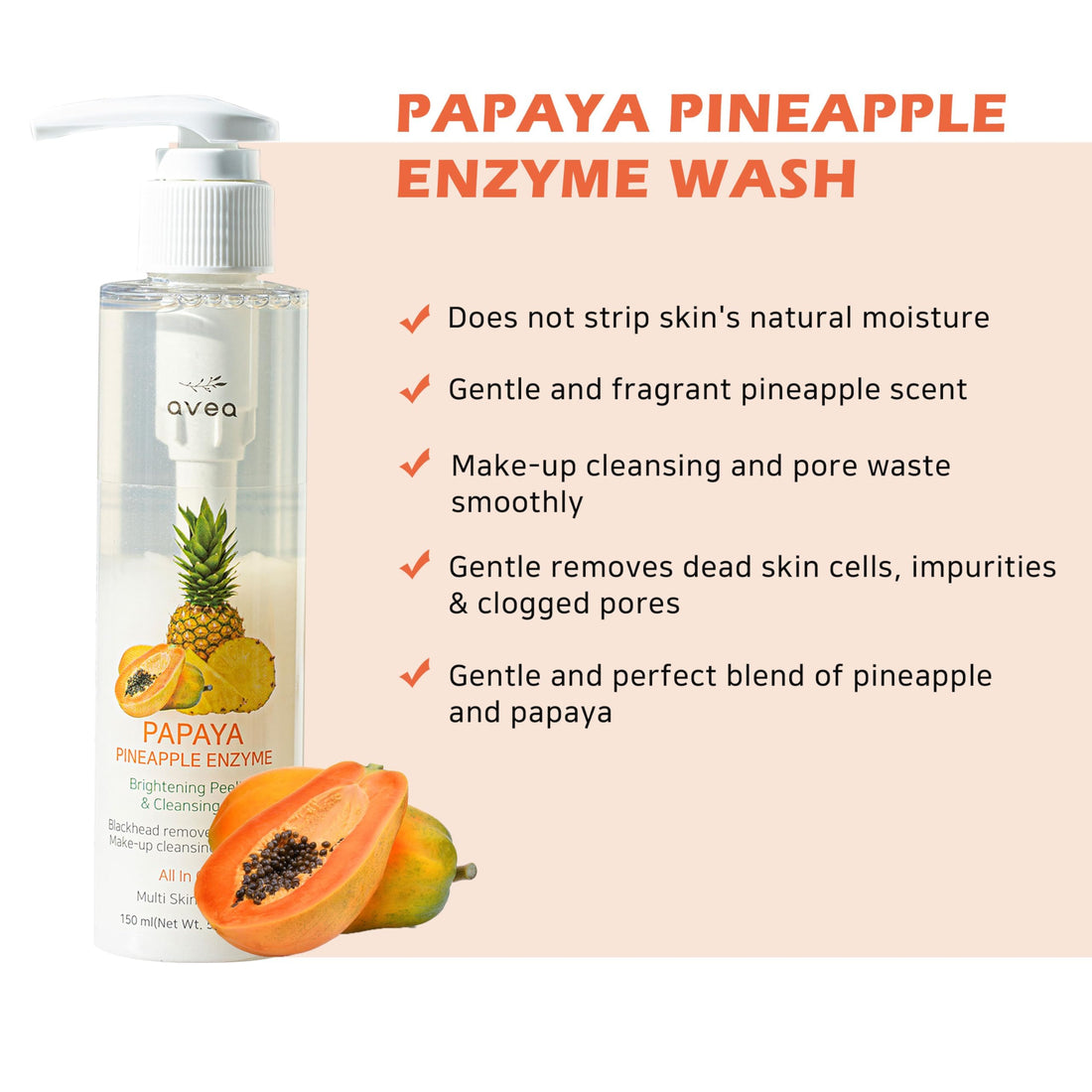 AVEA Papaya&Pineapple Enzyme wash | daily face wash | including niacinamide (vitamin B3) and panthenol (vitamin B5), 83% organic aloe vera leaf juice | Korean Skin Care l 5.07 Fl.Oz