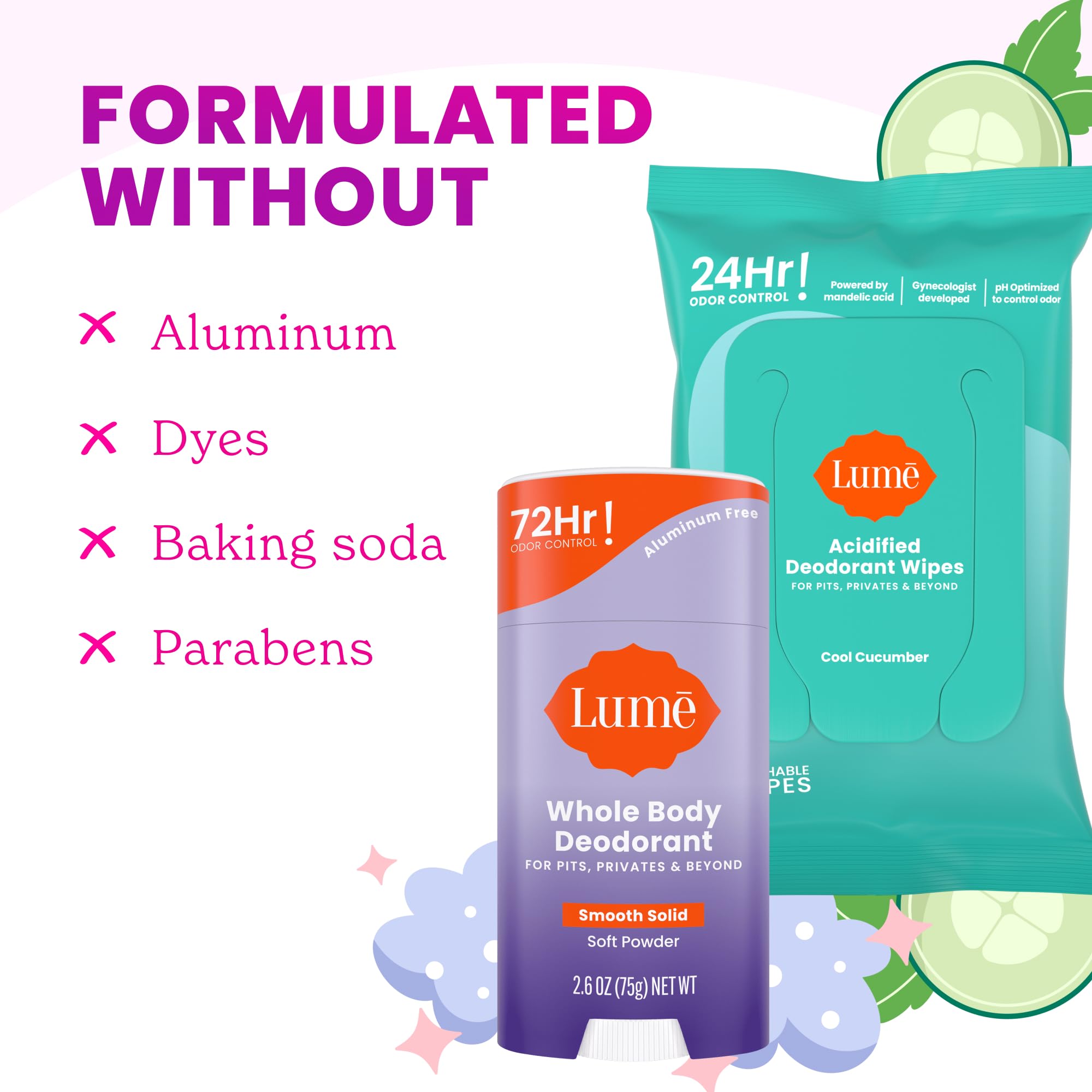 Lume Whole Body Deodorant - Smooth Solid Stick & Flushable Deodorant Wipes - Doctor Developed - Aluminum Free, Baking Soda Free, Skin Loving - 2.6 Ounce (Soft Powder) 15 Count Wipes (Cool Cucumber)