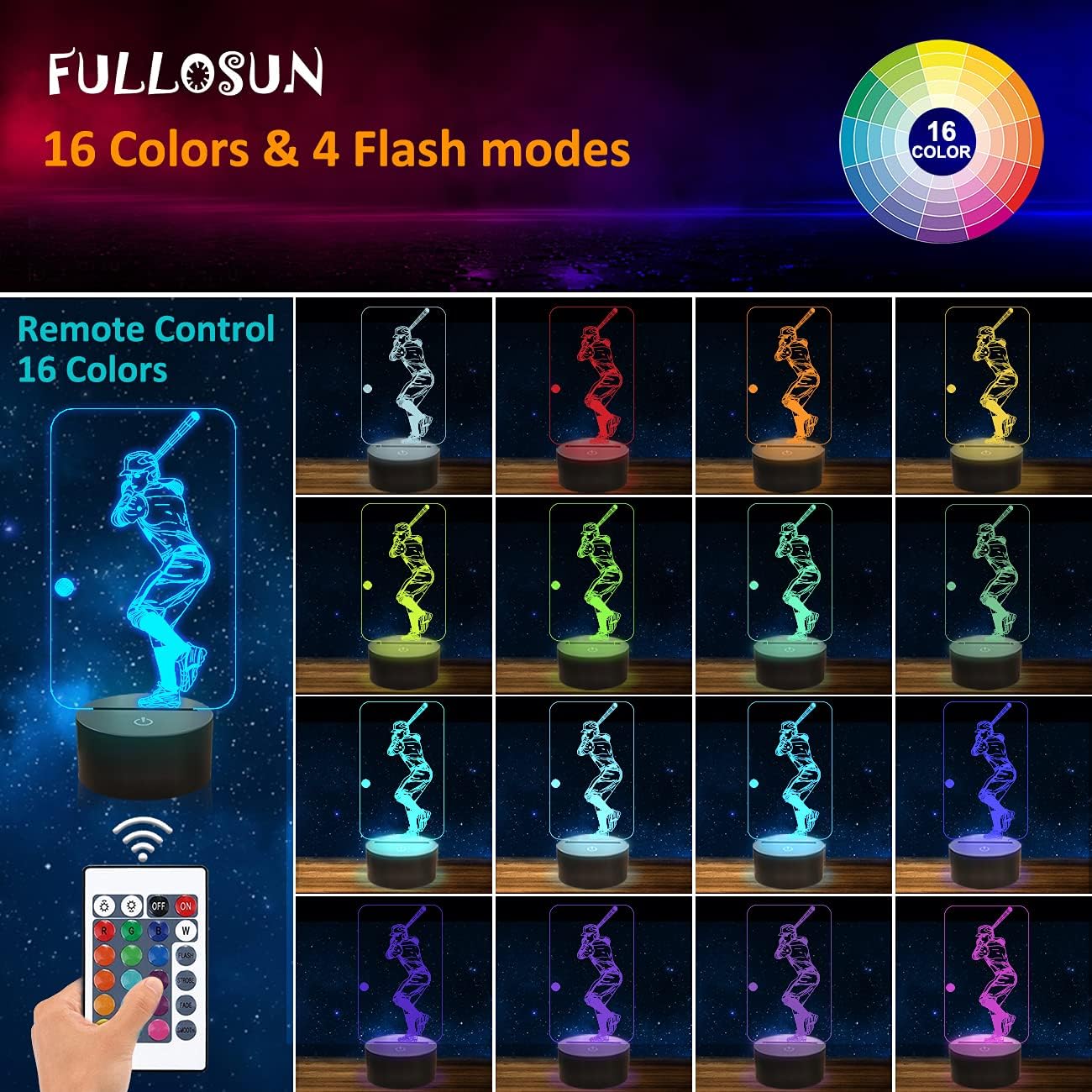 FULLOSUN Baseball 3D Night Light, Sport Gifts Bedside Lamp for Xmas Holiday Birthday Gifts for Kids Baseball Fan with Remote Control 16 Colors Changing + 4 Changing Mode + Dim Function