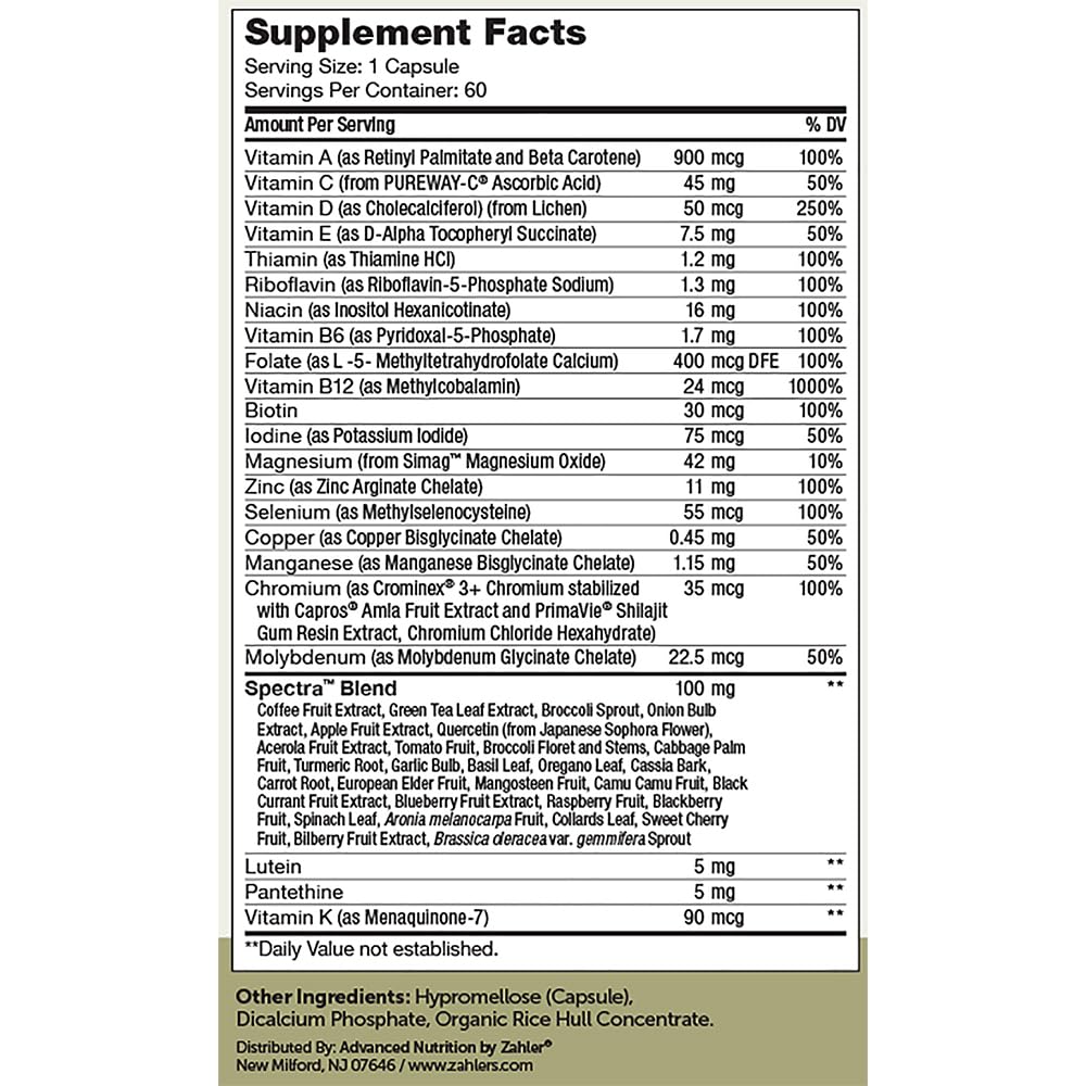 Zahler Multivitamin 50+, Iron-Free Formula + Lutein for Eye Health, 60 Capsules.