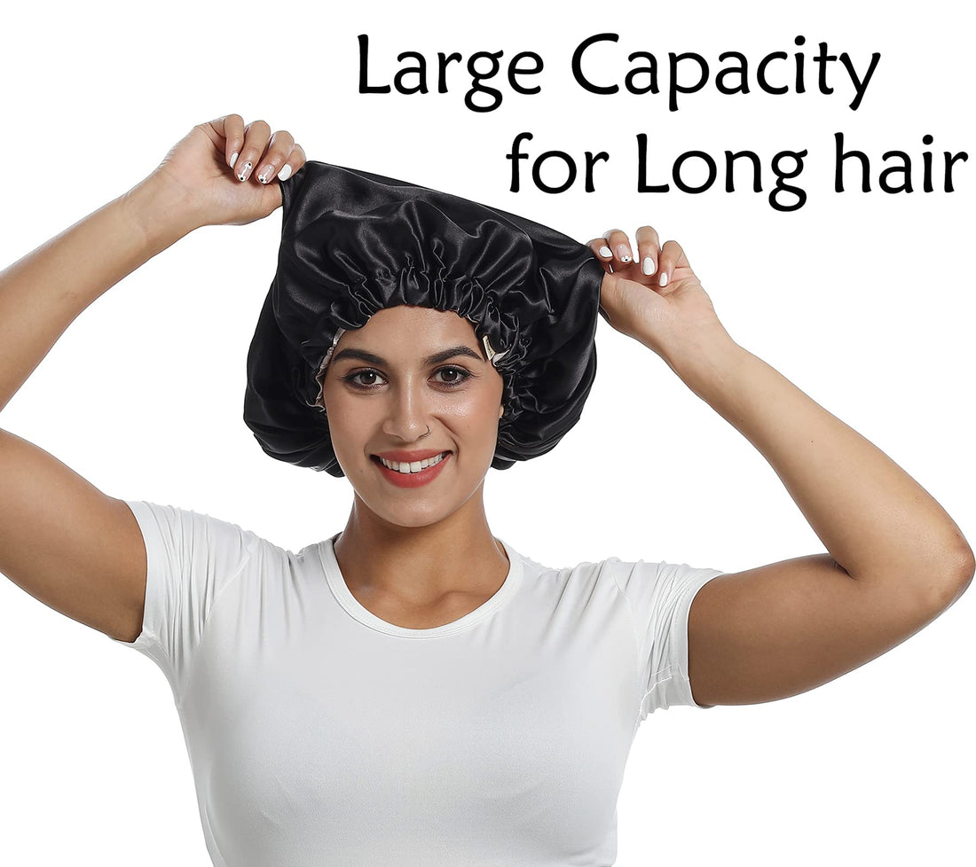 SAYMRE 100% Mulberry Silk Lined Bonnet Adjustable Satin Sleep Cap 19 Momme Silk Bonnet for Women Curly,Long Hair Care Black