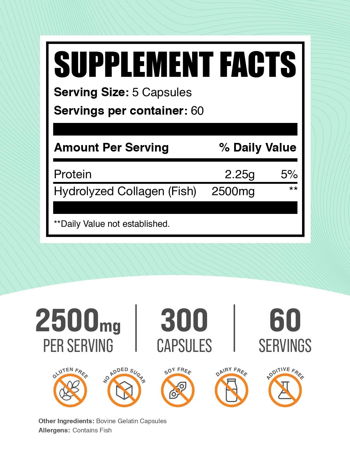 BulkSupplements.com Marine Collagen Capsules - Fish Collagen Supplement, Collagen for Women & Men - Hydrolyzed Collagen, Gluten Free, 5 Capsules per Serving, 300 Capsules (Pack of 1)