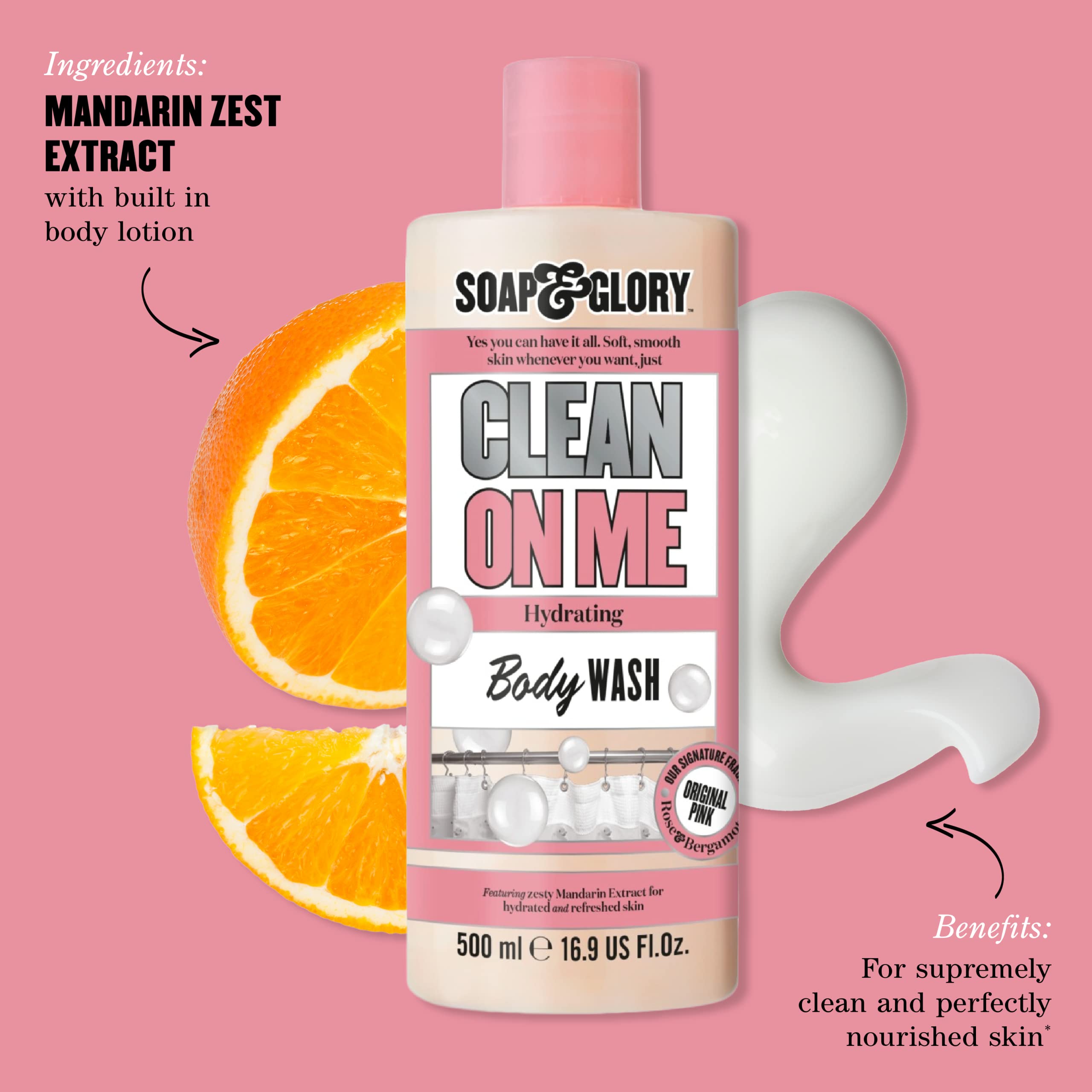 Soap & Glory Clean On Me Moisturizing Body Wash - Creamy Body Soap & Skin Cleanser with Built-In Body Lotion for Dry Skin - Bergamot & Rose Scented Body Wash for Women & Men (500ml)
