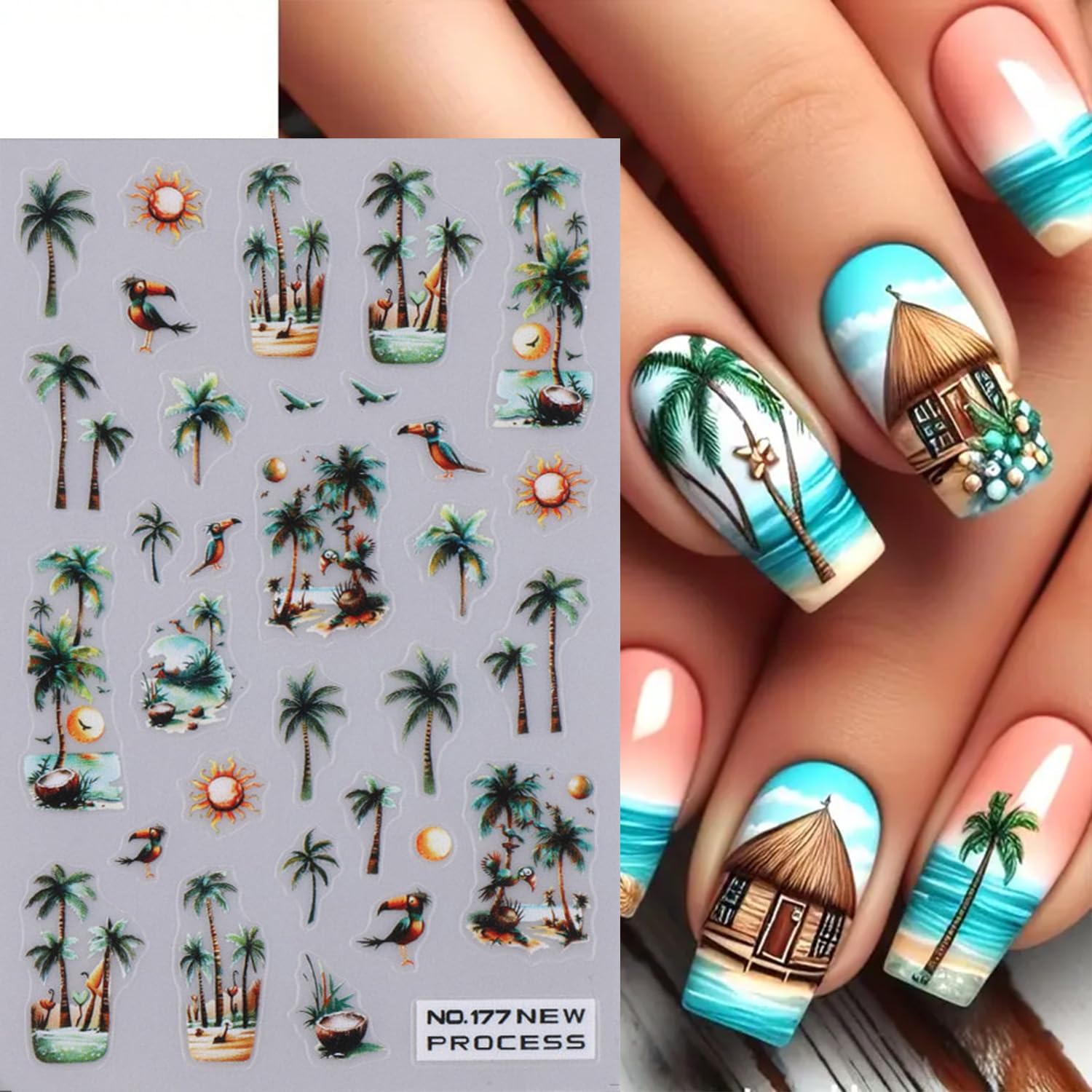 Summer Nail Art Stickers Palm Coconut Tree Nail Stickers Beach Ocean Theme Nail Decals 4PCS 3D Self-Adhesive Tropical Flower Leaf Flamingo Nail Designs Sticker Charms for Women Decorations
