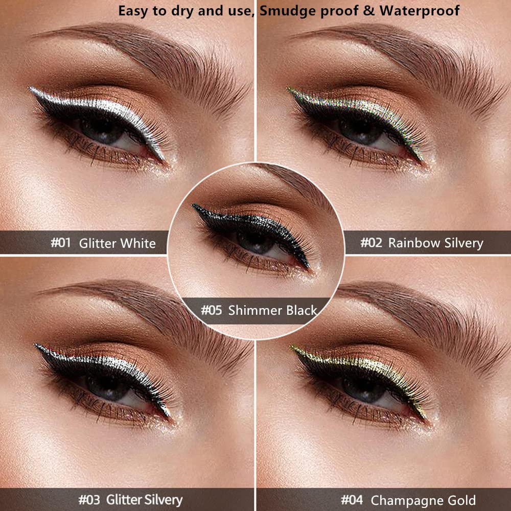 Go Ho Glitter Liquid Eyeliner Colorful Set,5 Colors Metallic Shimmer White Black Silver Gold Diamond Eyeliner,Glitter Eye Liner Sticks,Waterproof Long Lasting Sparkle Eye Makeup
