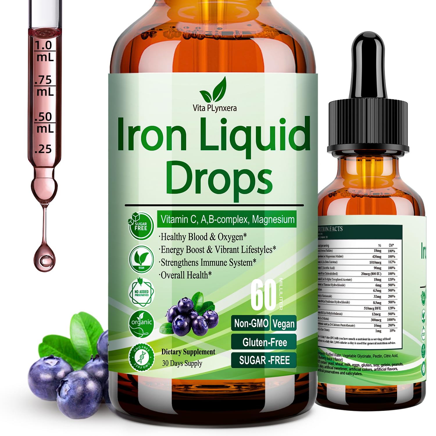 Liquid Iron Supplement for Women Men & Kids, Vegan Iron Drops with Vitamin C D, B12, B-Complex, High Potency Liquid Iron with Multivitamin for Anemia, Energy Support, Blood, Magnesium Iron Gentle