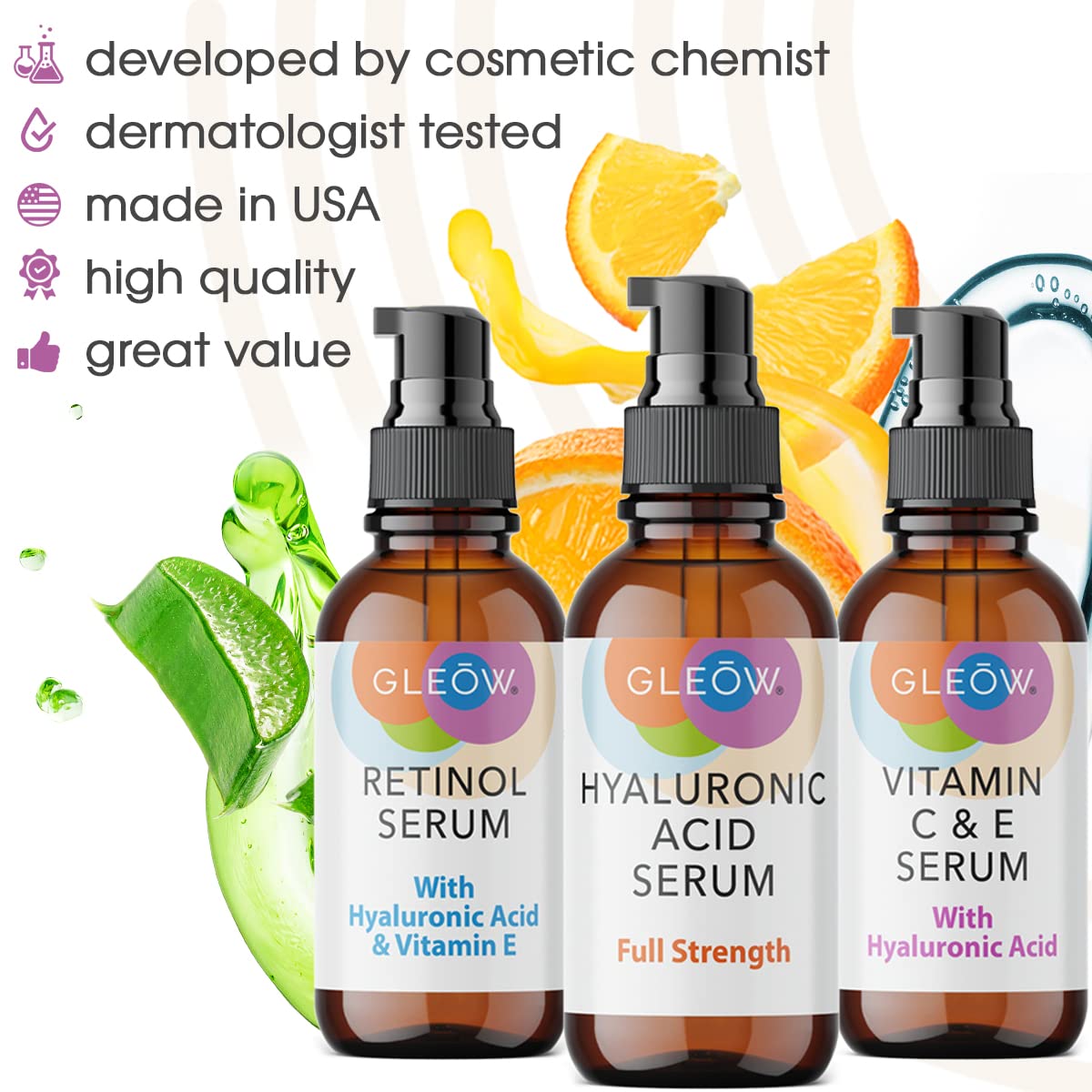 GLEOW Retinol Serum for Face, Vitamin C with Hyaluronic Acid Face Serum for Women and Men, Glow Skin Care Set Targets Appearance of Uneven Skin Tone and Dryness 3x1oz