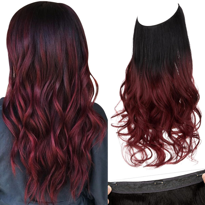 SARLA 14 16 18 4.3oz Synthetic Wavy Halo Hair Extension Natural Hairpieces No Clip No Glue No Tape M01 (18 wave,#118 Wine Red)