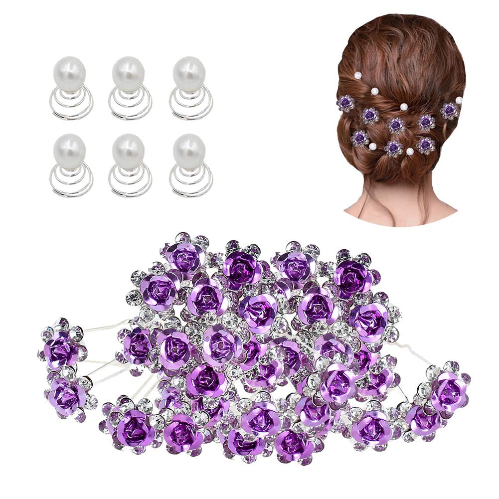Purple Set: Insowni 40Pcs Bridal Wedding Rhinestone Rose Flower U-Shaped Hair Pins & 6Pcs Twist Pearl Hairpins Headpiece Set In Gift Box For Women Girls Bridesmaid (Purple Set)