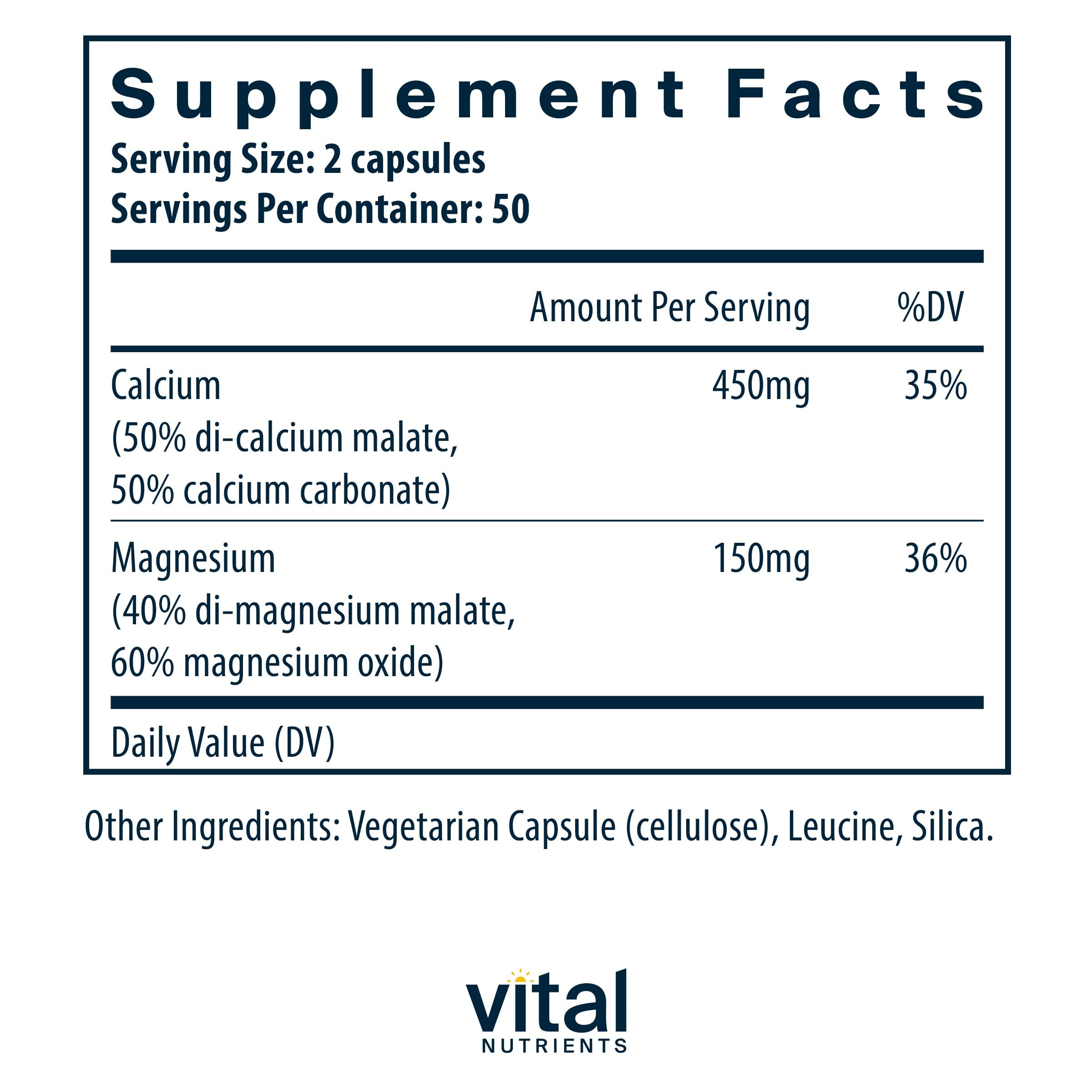 Vital Nutrients Calcium & Magnesium | Vegan Calcium Supplement with Magnesium | Support Bone Strength, Muscle, and Heart Health* | Gluten, Dairy, Soy Free | Non-GMO | 100 Capsules