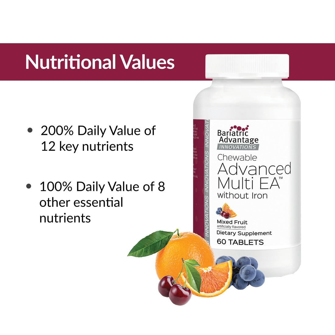 Bariatric Advantage Chewable Advanced Multi EA Without Iron, High Potency Daily Multivitamin for Bariatric Surgery Patients Including Gastric Bypass, Sleeve Gastrectomy, DS - Mixed Fruit, 60 Count