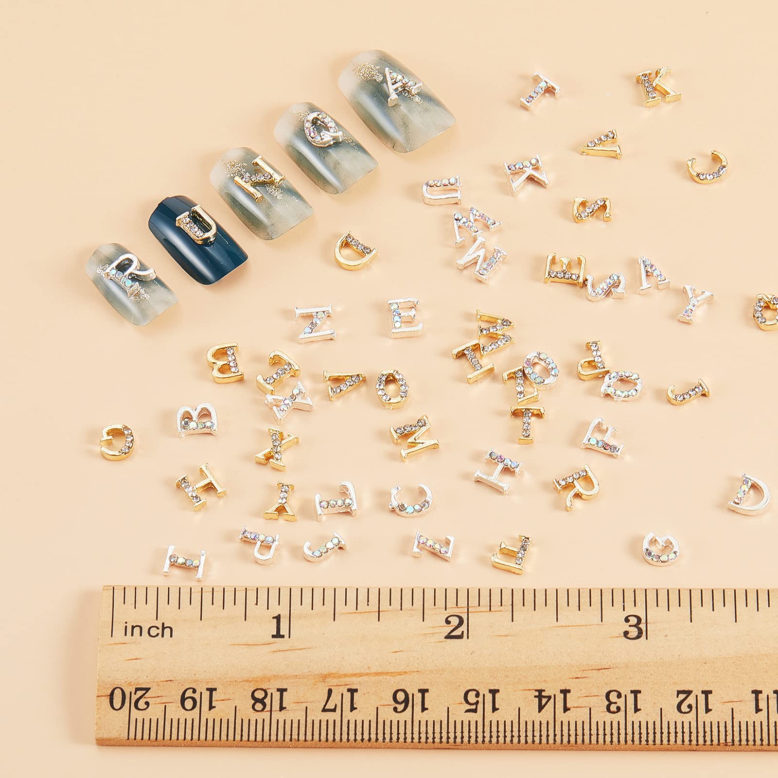 104 Pieces Letter Nail Studs 3D Capital Letters and Rhinestone Crystal Nail Decals English Alphabet Nail Art Decoration for Women Girls DIY Nail Art (Gold, Silver)