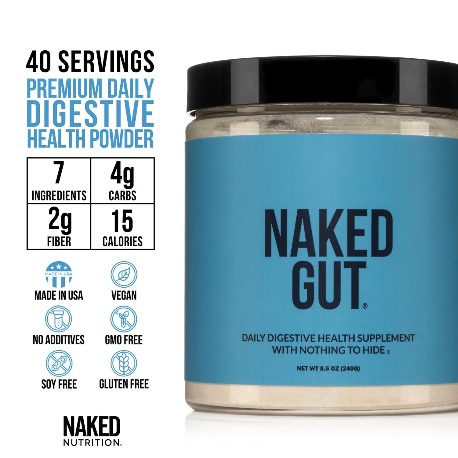 Naked Gut - Daily Gut Health Supplement - Natural Gut Health Powder for Gut Cleanse, Digestive Support, GMO-Free, Soy-Free, Gluten-Free, Vegan and Hypoallergenic, 40 Servings